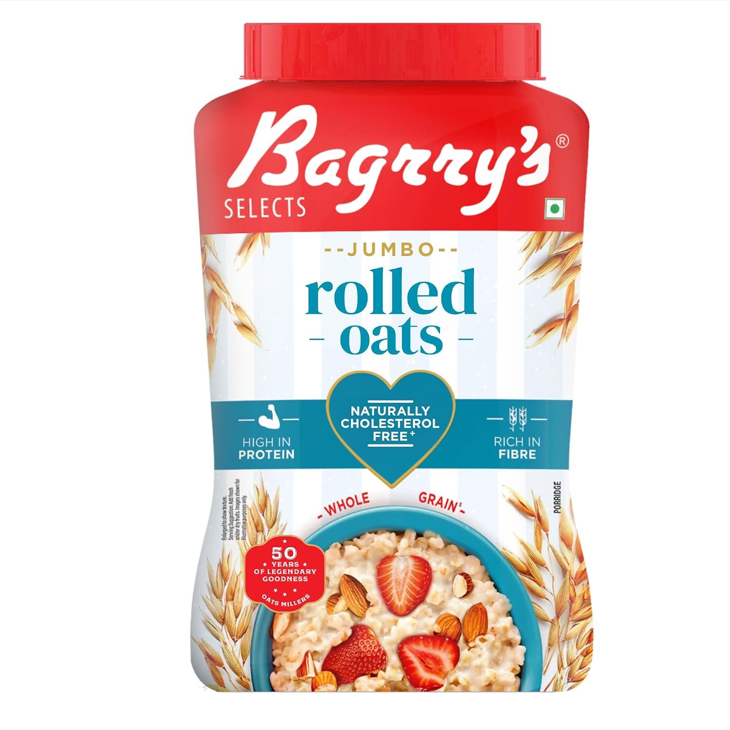 Bagrry’s Jumbo Rolled Oats 1kg Jar | Whole Grain, High Fibre & Protein Breakfast Cereal | Non-GMO Oats | No Added Sugar & Preservatives | Instant Oats for Breakfast