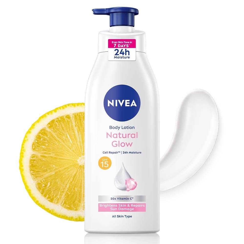 NIVEA Natural Glow Cell Repair Body Lotion with SPF 15 And UV A & B Filters | 50X Vitamin C | 24H Hydration | Even Skin Tone in 7 Days | Brightens Skin and Repairs Sun Damage | Lightweight, Quick 