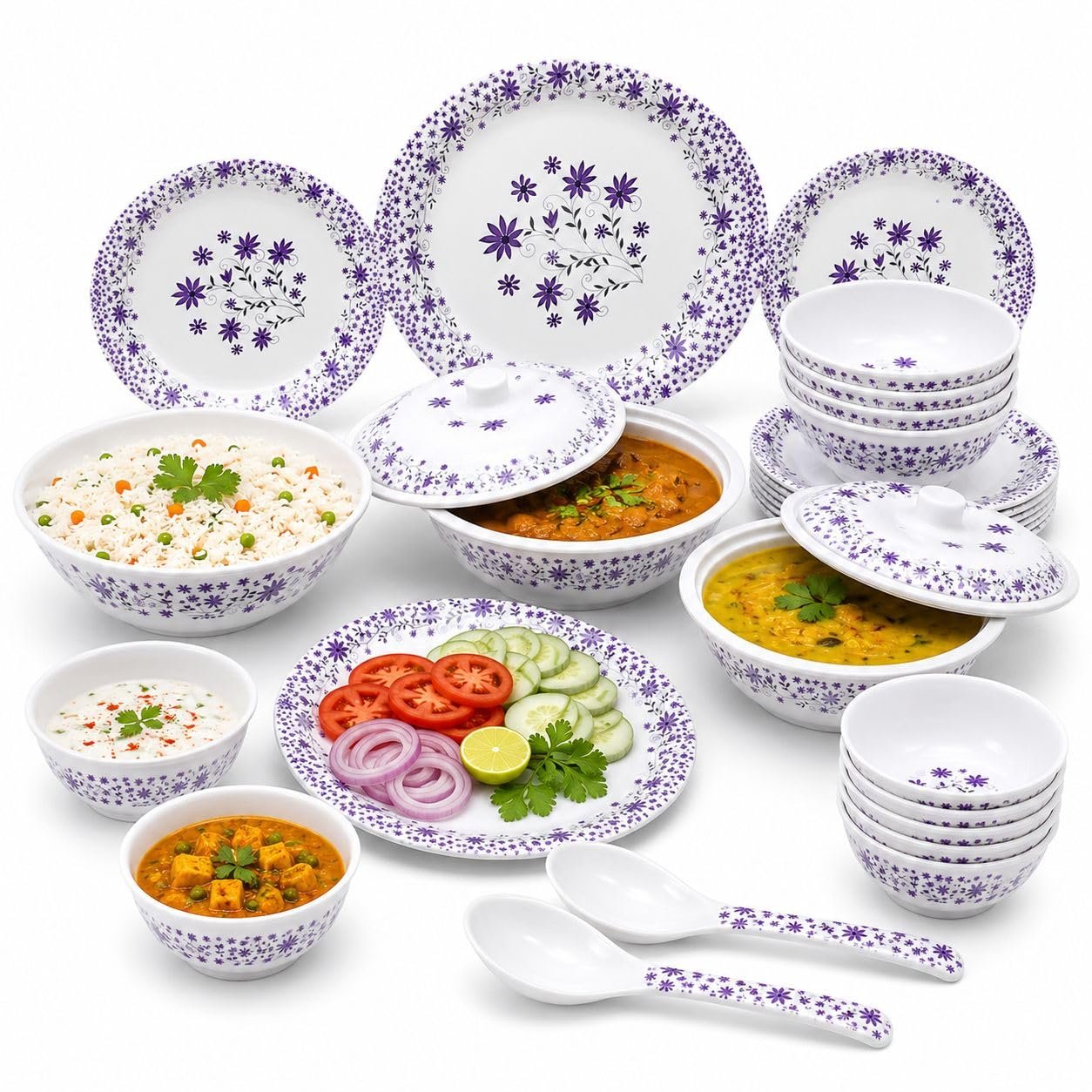 32 Pcs Premium Melamine Dinner Set with Purple Floral Print | Lightweight & Durable Dinnerware Set for Family Dining (Floral Bloom)