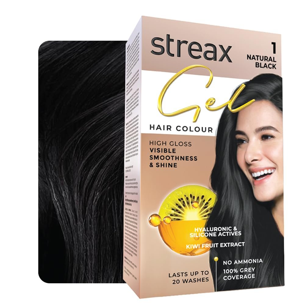 Streax Gel Hair Colour for Women & Men, Natural Black 1, 150 ml | Hair Colour Black| 100% Grey Coverage | Long Lasting Hair Color, Easy to Use | Ammonia-Free Hair Color, Lasts Up to 20 Washes