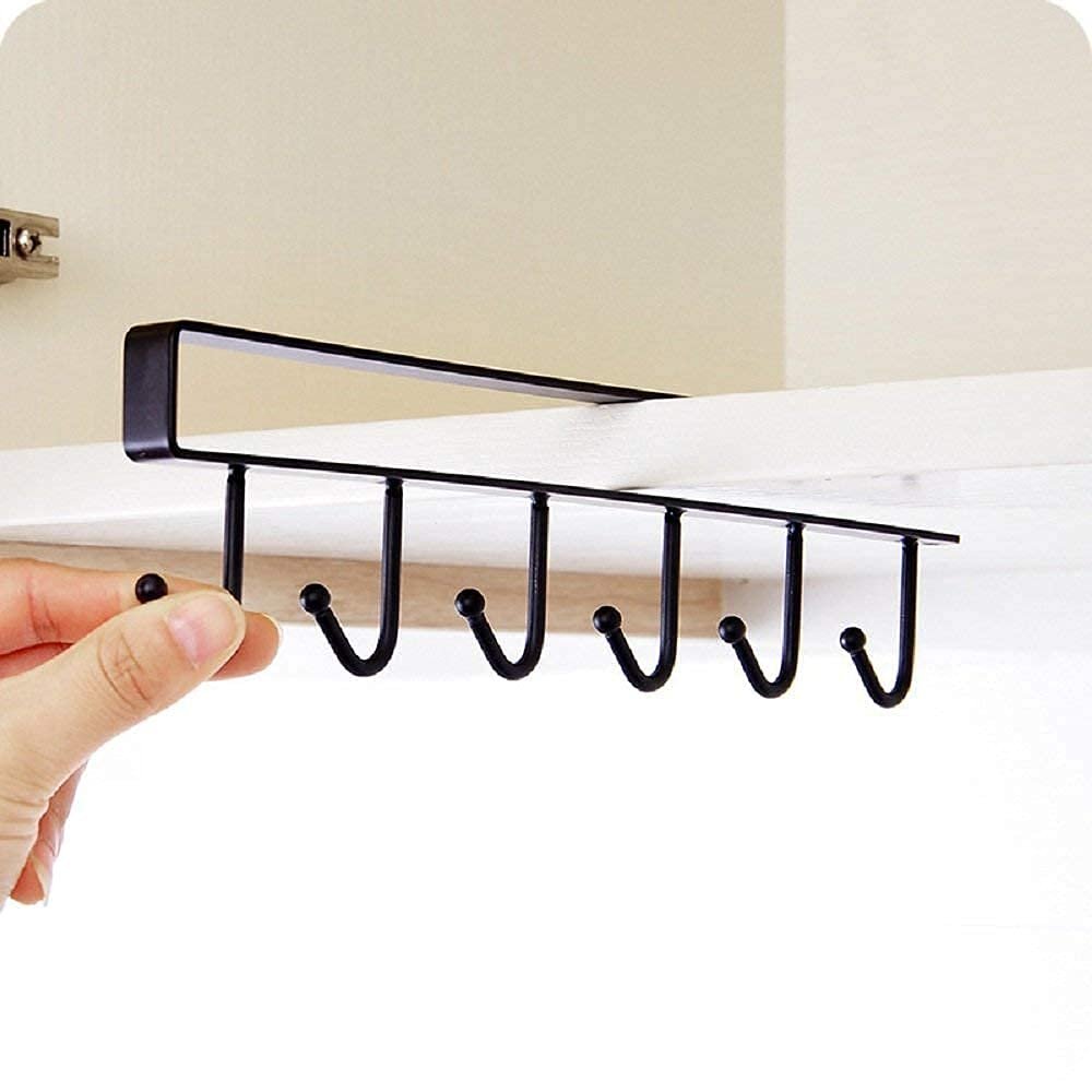 Under Cabinet Mug Holder 6 Hooks Metal Under Shelf Cup Rack, Kitchen Utensil Hanger, Coffee Mug Stand Kitchen Utensil Ties Belts Scarf Hanging Rack (Black Color).