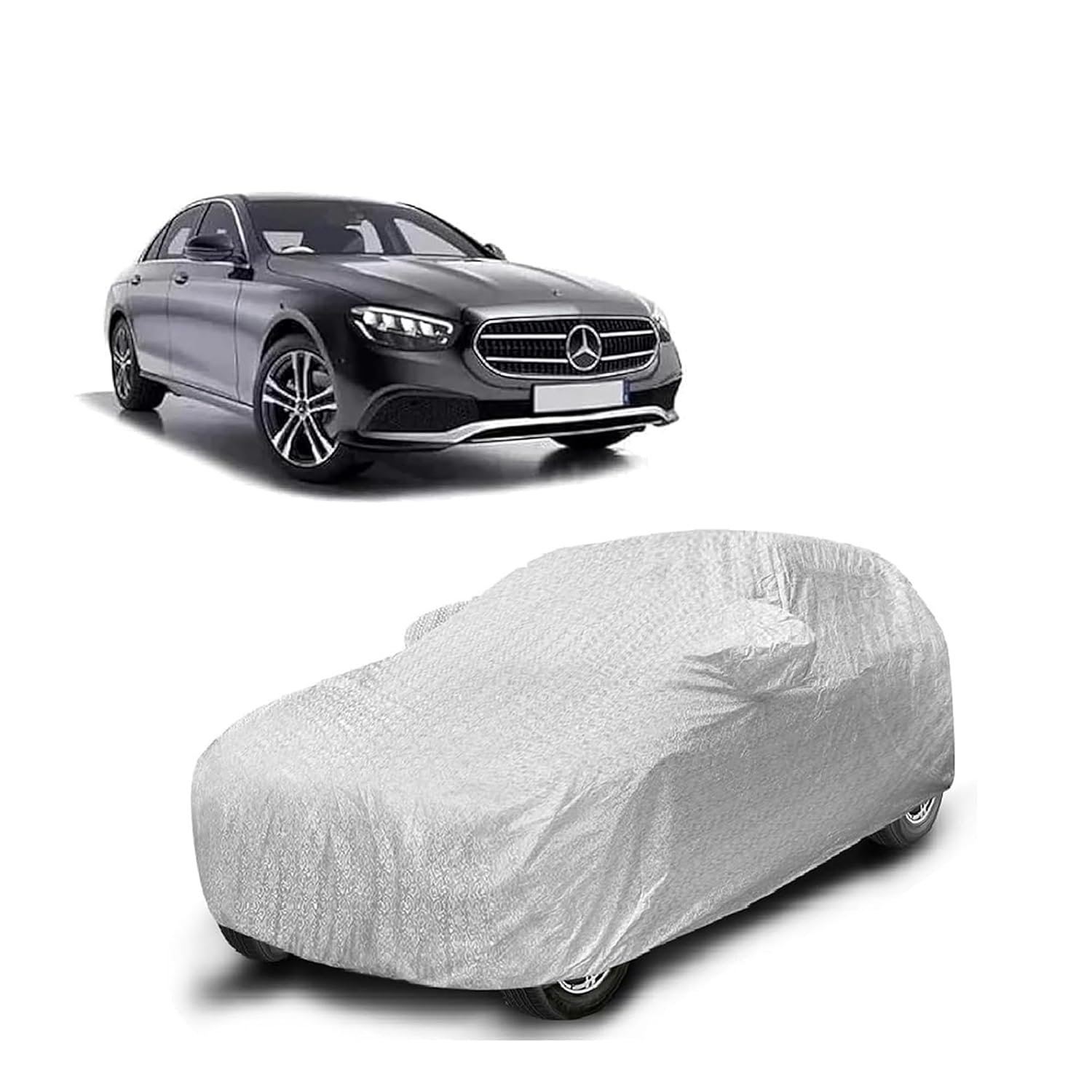 Sulfar 100% Waterproof Car Body Cover Compatible with Mirror for Mercedes Benz EClass with Long Lasting Durable Material (Triple Stitched, Full Bottom Elastic, Metallic Silver)