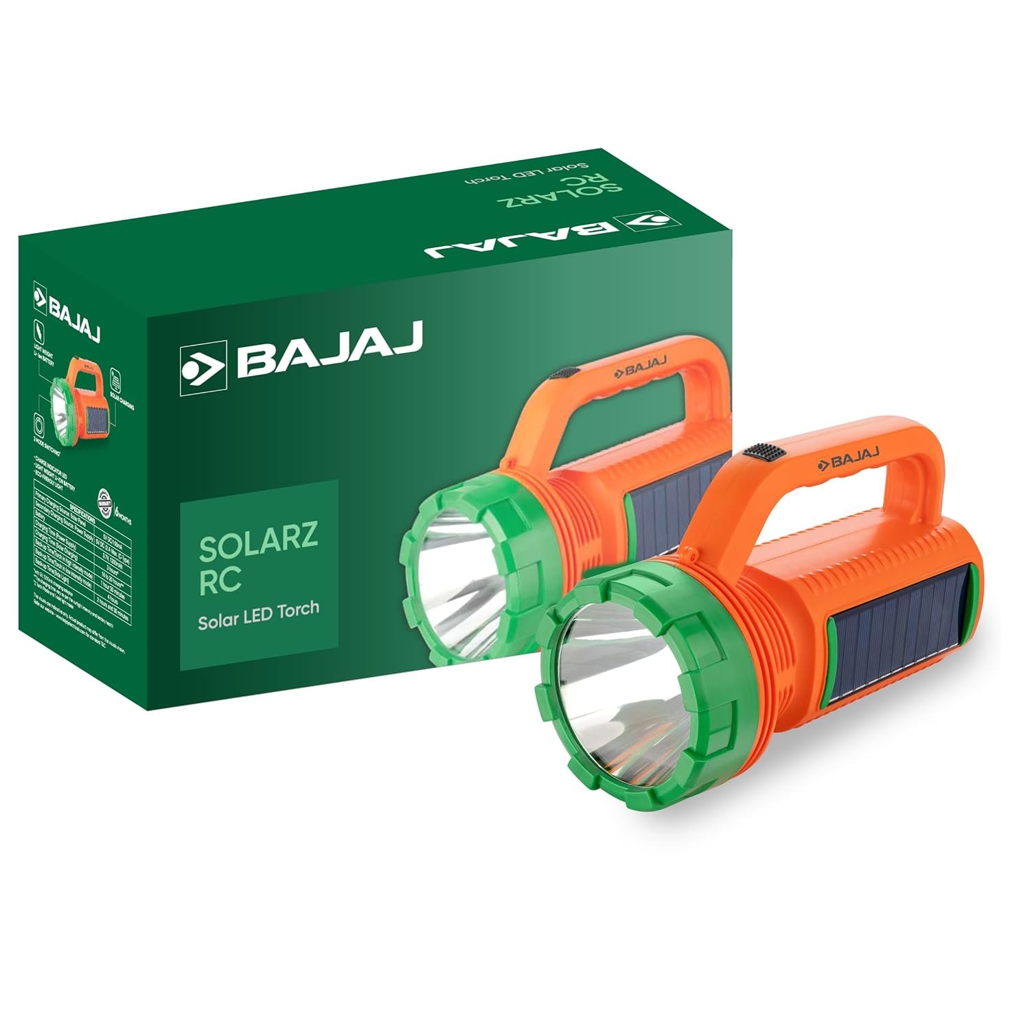 Bajaj Solarz Duo Solar RC Torch, Rechargeable LED Lantern, 400 Lumens, 6500K Cool White, Fast Charging, Multi-Mode, Long-Lasting Lithium-Ion Battery, Emergency Light, (Orange, 610066)