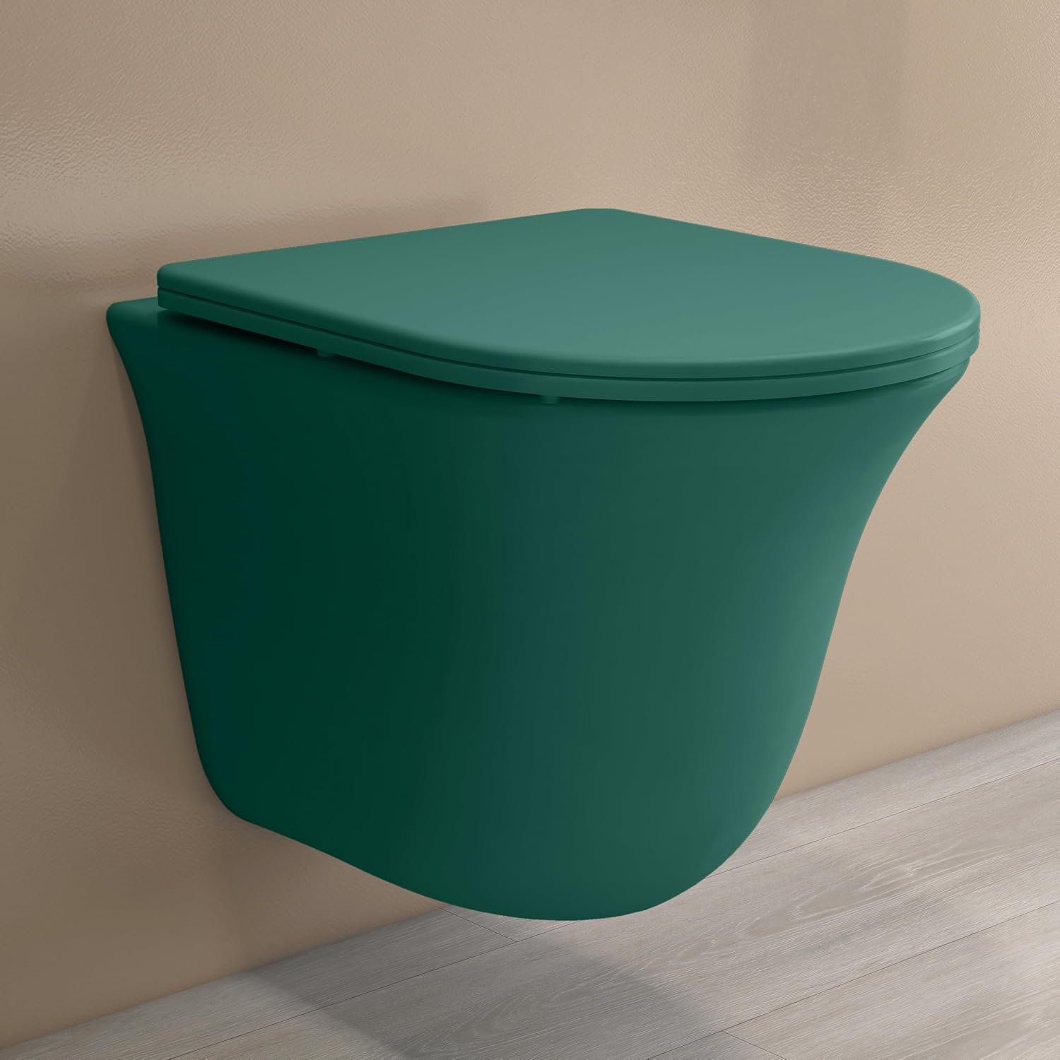 Plantex Ceramic Imported Commode Toilet/Rimless Washdown Wall Mounted Commode with Soft Closing Toilet Seat - P Trap Outlet (1164 - Matt Green)