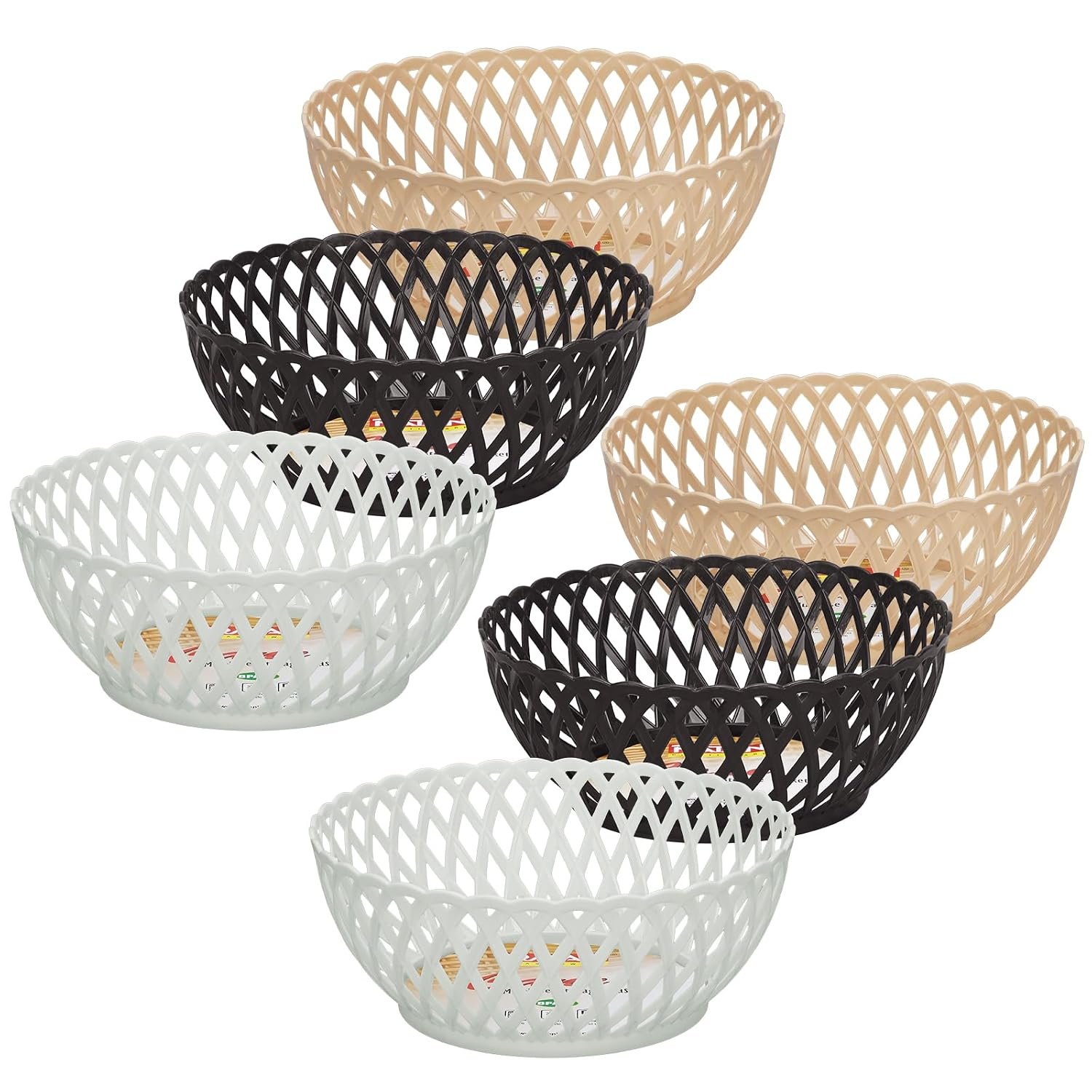 RATAN PLASTICWARE Cane Large Plastic Storage Basket for Fruits, Vegetables & Snacks – Decorative Woven Design for Kitchen, Dining Table & Home Use I Pack of 6 - BEIGE/Dark Brown/OFF WHITE