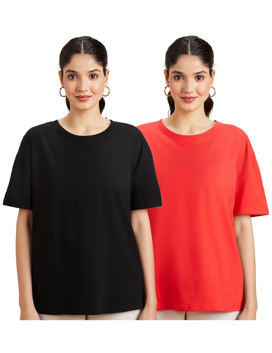 Amazon Brand - Symbol Women Cotton Stretch Oversized Fit Round Neck Half Sleeve T-Shirt (Available in Plus Sizes)