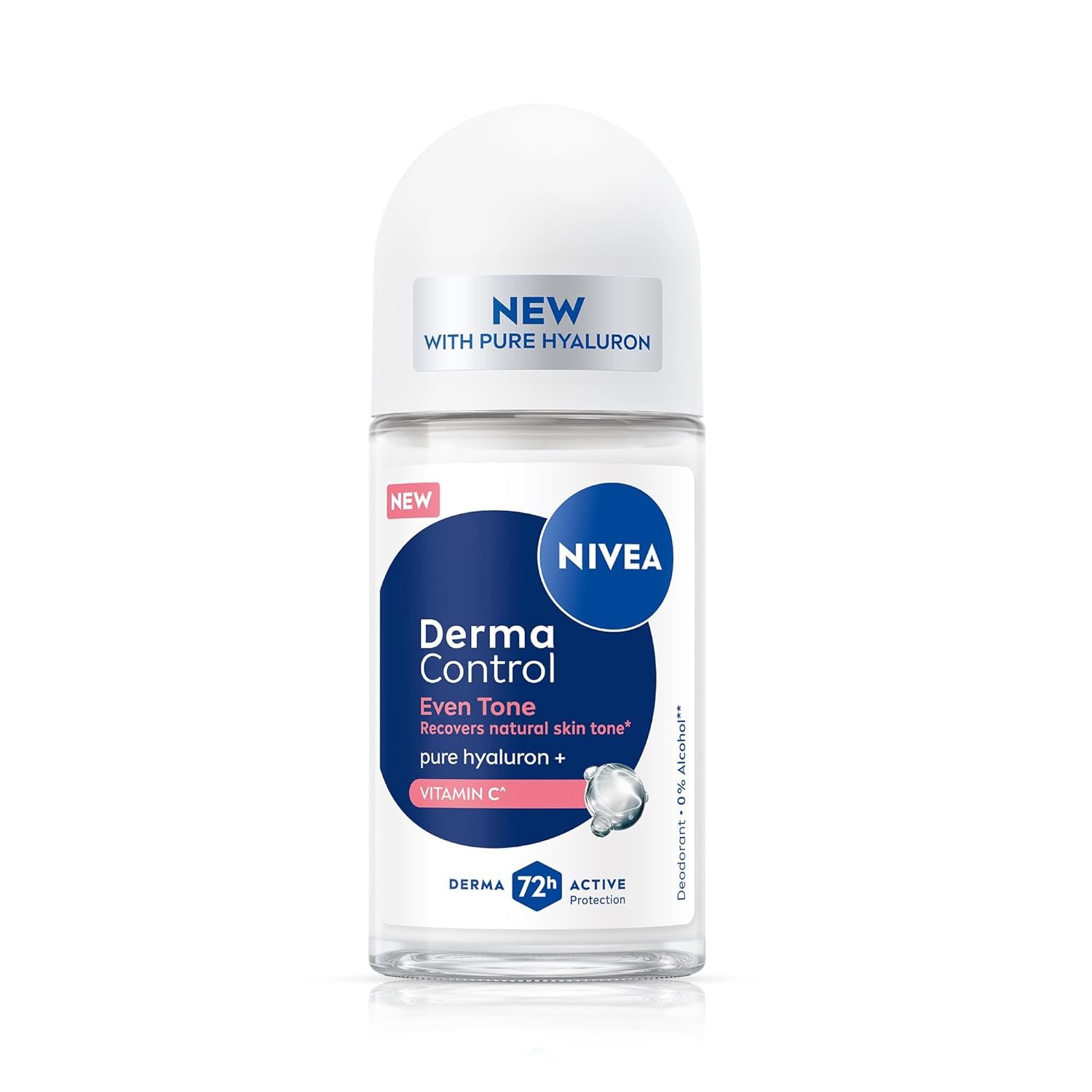 NIVEA Derma Control Even Tone Underarm Deo Roll-On for Women | Smoother & Brighter Underarms | 72H Derma Active Protection | With Pure Hyaluronic Acid & Vitamin C | 0% Alcohol | 50 ml