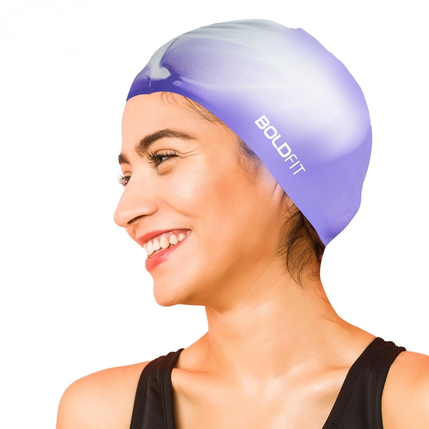 Boldfit Swimming Cap for Men Silicone, for Women Unisex for Kids Boys & Girls, for Women Long Hair Head Cap Men Silicone Fabric, Easy Fit - WhitePurple
