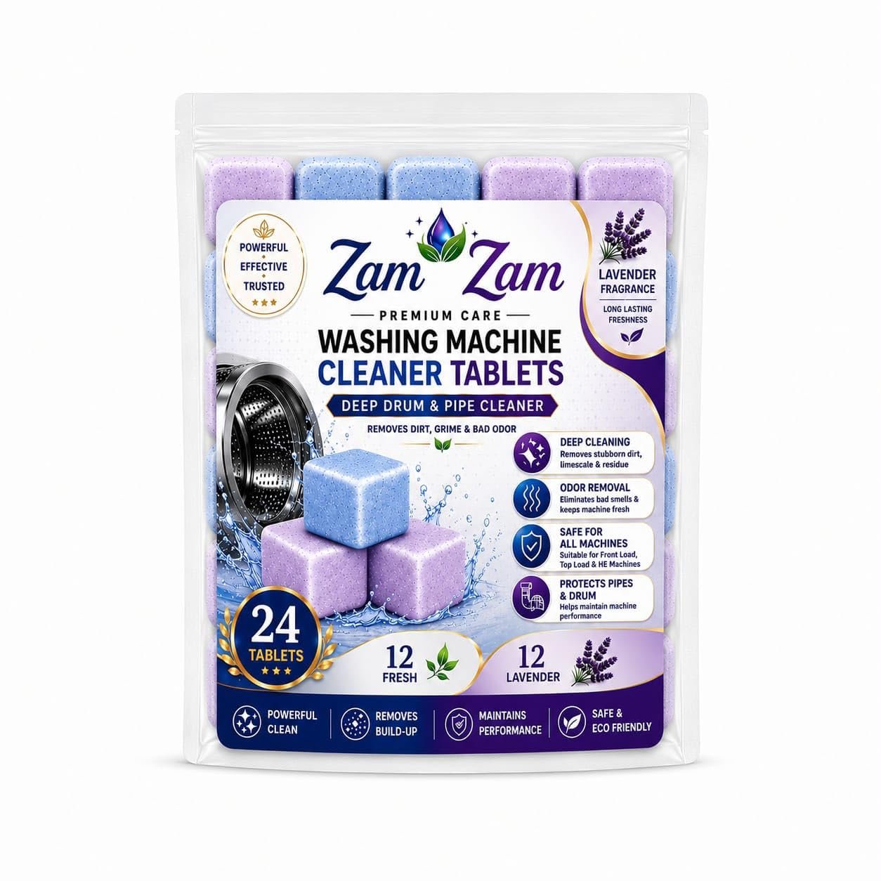 Washing Machine Cleaner 24 Tablet | 12 Fresh Flavour + 12 Lavender Flavour | - Descaler for Washing Machine Front Load & Top Load | Remove Limescale & Soap Scum, Tough Grime