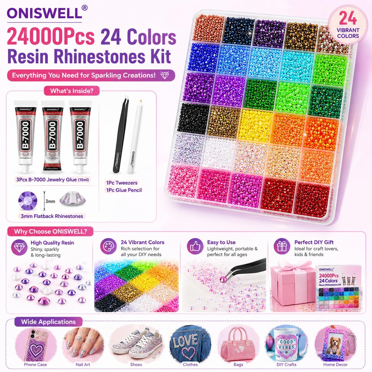 24000Pcs 24 Colors Resin Rhinestones Kit | 3mm Flatback Gems with 3Pcs B-7000 Jewelry Glue & Tweezers Gems for Diamond Art, Nail Art, Phone Case, Shoes, Scrapbook & DIY Crafts