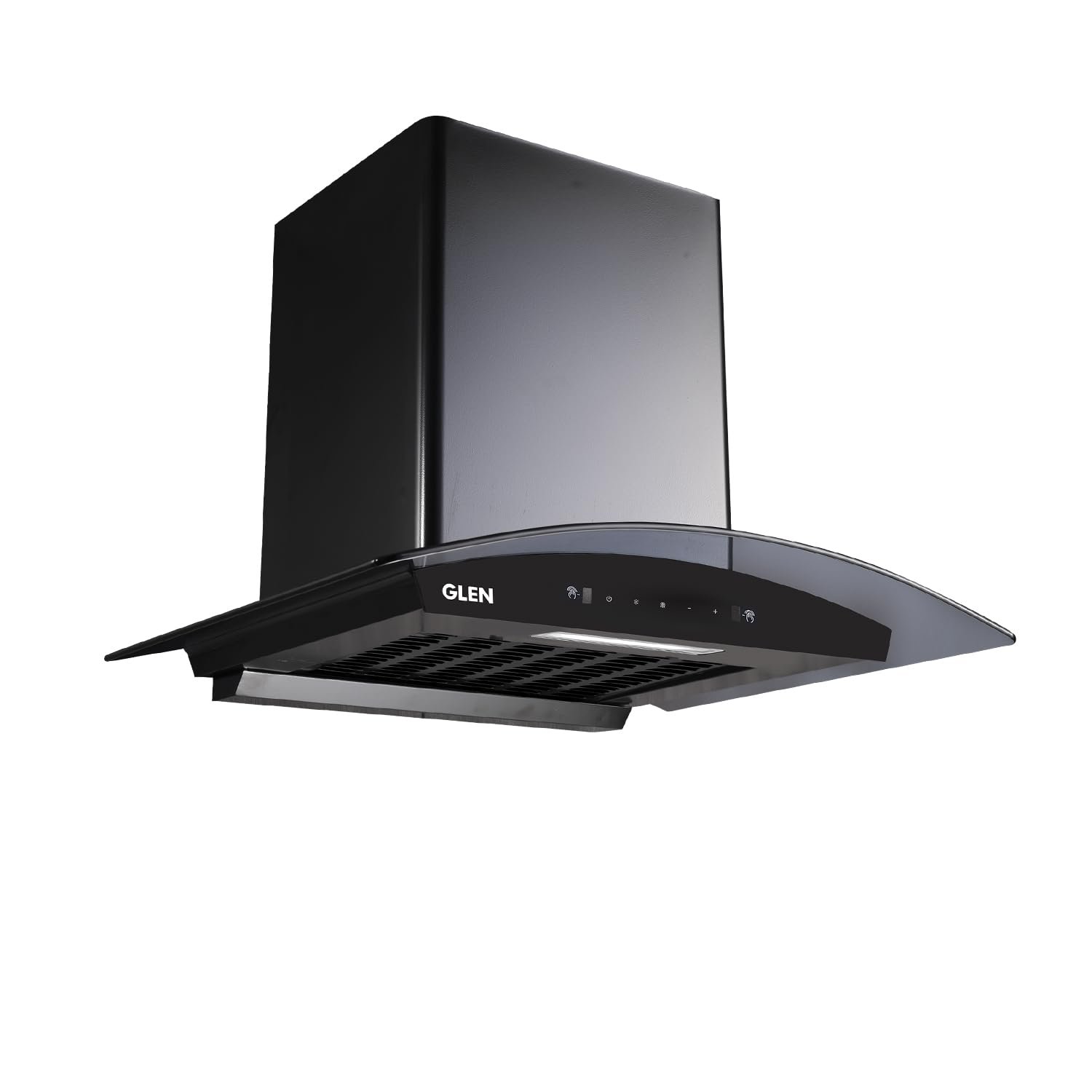 Glen Hood Senza Black Kitchen Chimney 60cm | 1200 m³/hr Suction Capacity | Filterless Thermal Auto Clean | Curved Glass Design | Touch & Gesture Control|1-Year Comprehensive & 7-Year Motor War