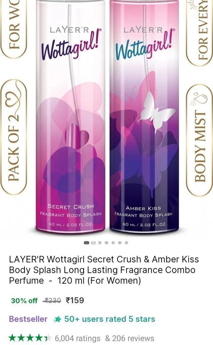 layer r wottagirl secret crush amber kiss body splash long lasting fragrance combo perfume 120 ml