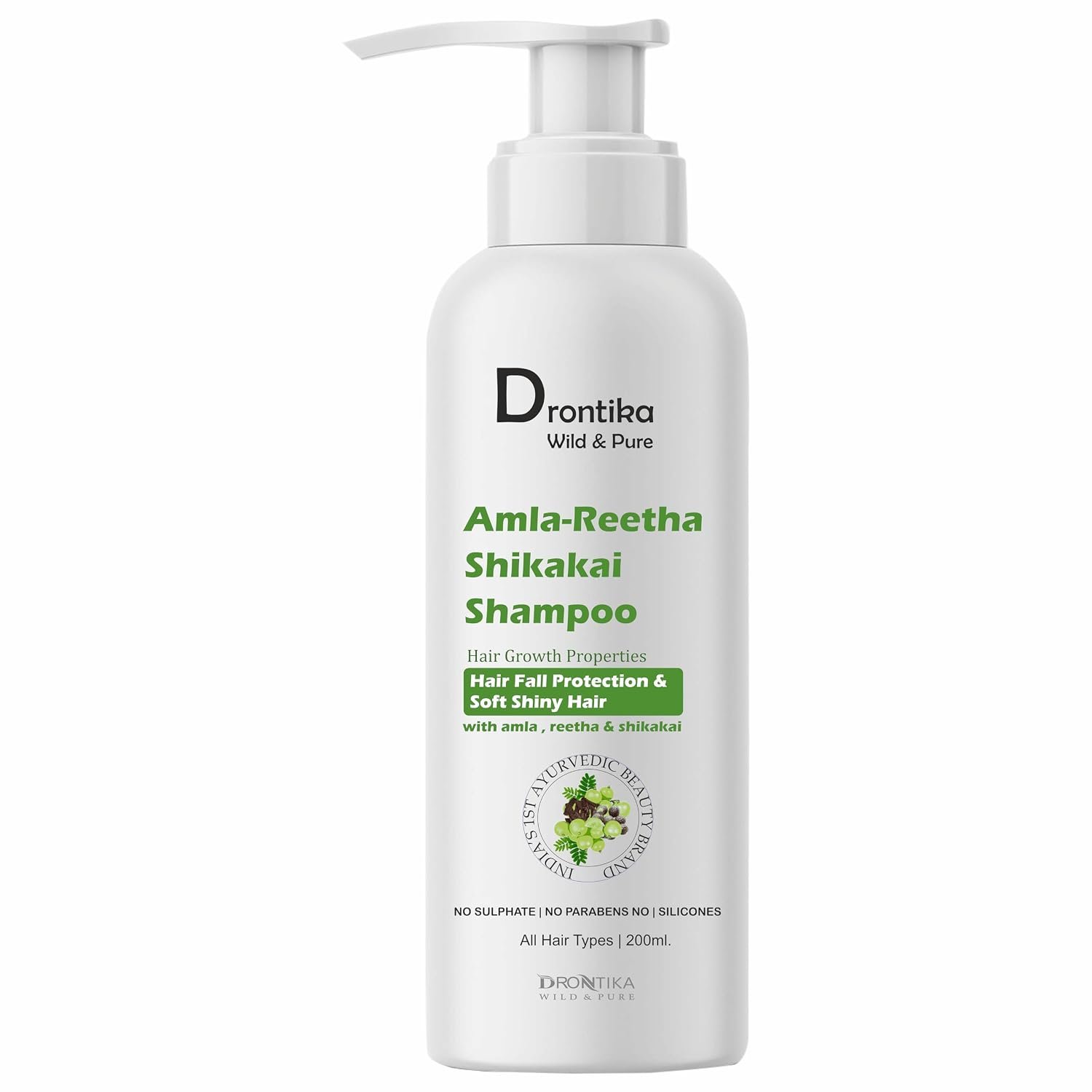 Drontika Wild & Pure Amla Reetha Shikakai Shampoo for Thick & Strong Hair, Damage Control, Hair Growth & Hair Fall | Herbal Hair Cleanser (200ml)