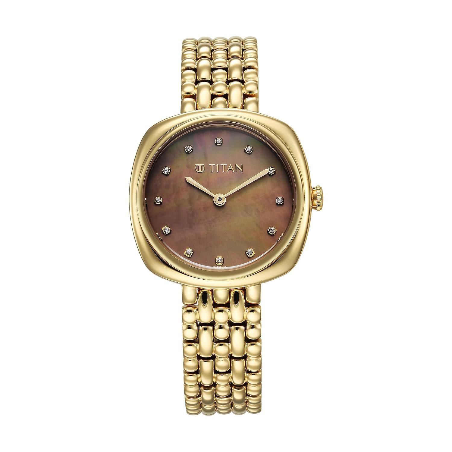Titan Aura Phase Quartz Analog Brown Dial Golden Stainless Steel Strap Watch for Women-95241YM01