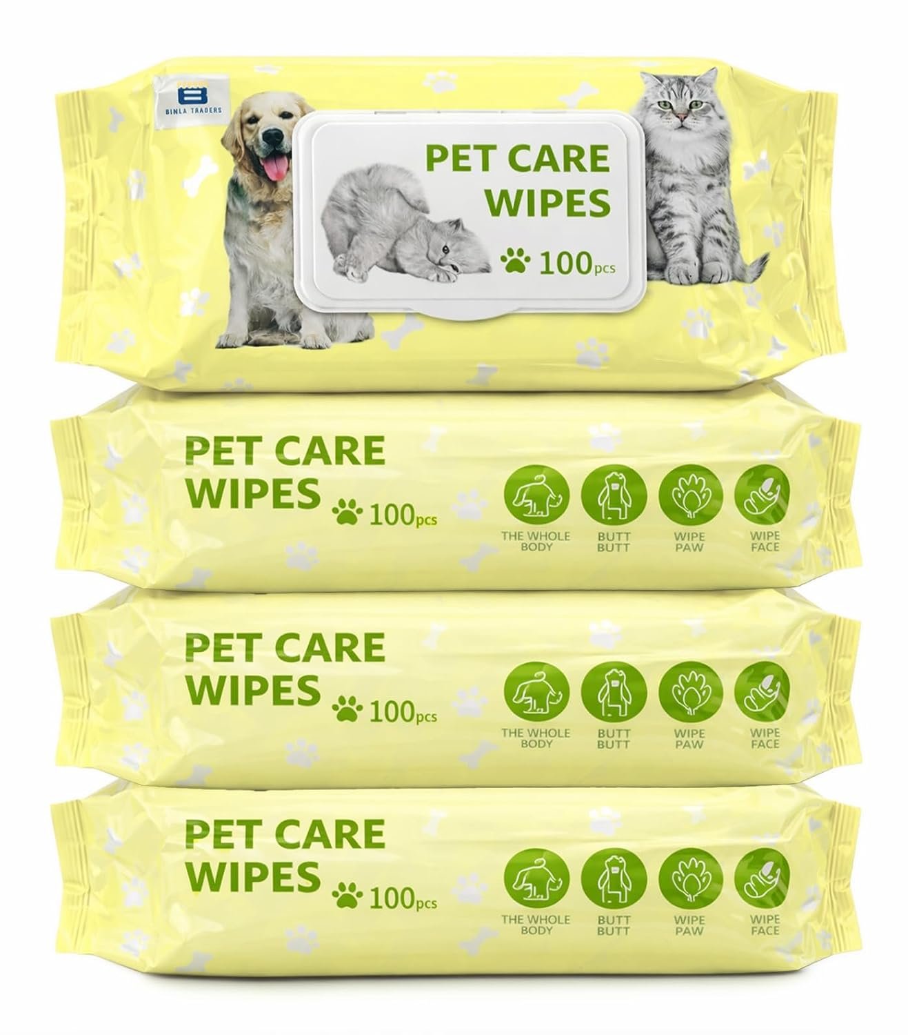 Btag Pet Grooming Wipes for Dogs & Cats (14 × 18 cm) | 100 Count | pH Balanced Dry Bath | Ear, Paw & Coat Cleaning | Hygiene Essentials | Non-Woven Disposable Cloth 40 GSM (Pack of -4)