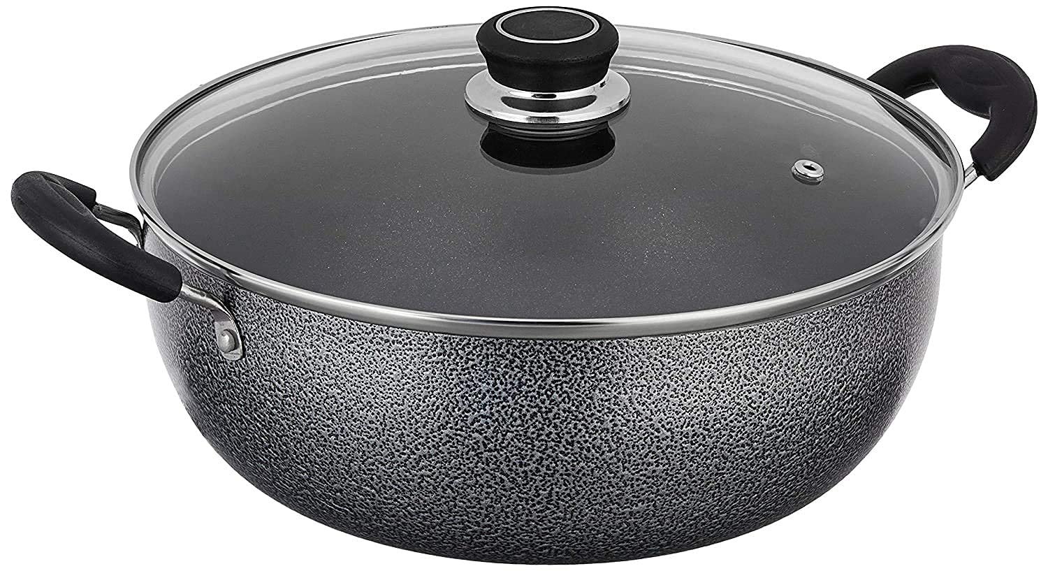 Mumma's LIFE Non-Stick Kadhai with Glass Lid (26 cm, Hammertone Finish, 3 Coat, 3mm Thickness), Aluminium (Grey)