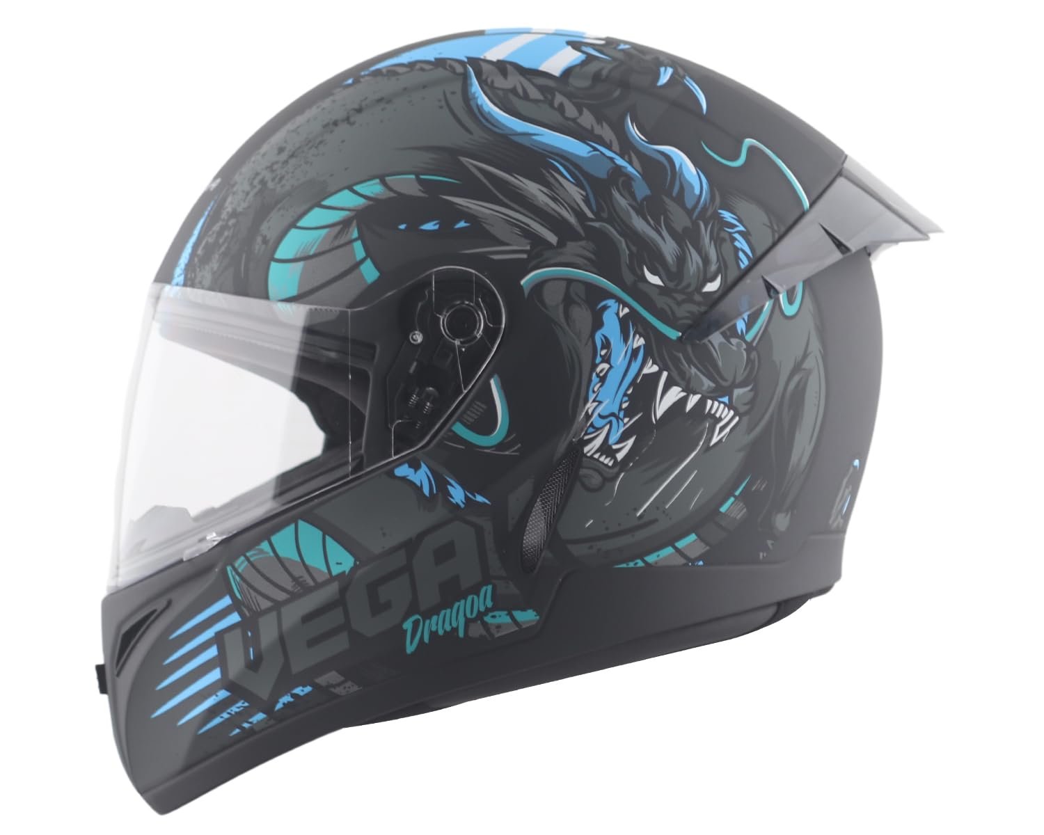 Vega Voyager DRAGOA! Full Face Motorcycle Helmet with Matte Shell, Shock Absorbing Liner, Lightweight Build, Comfortable Interior, Ventilated Fit, and Trendy Dull Black Blue Finish Dull Black Blue-L