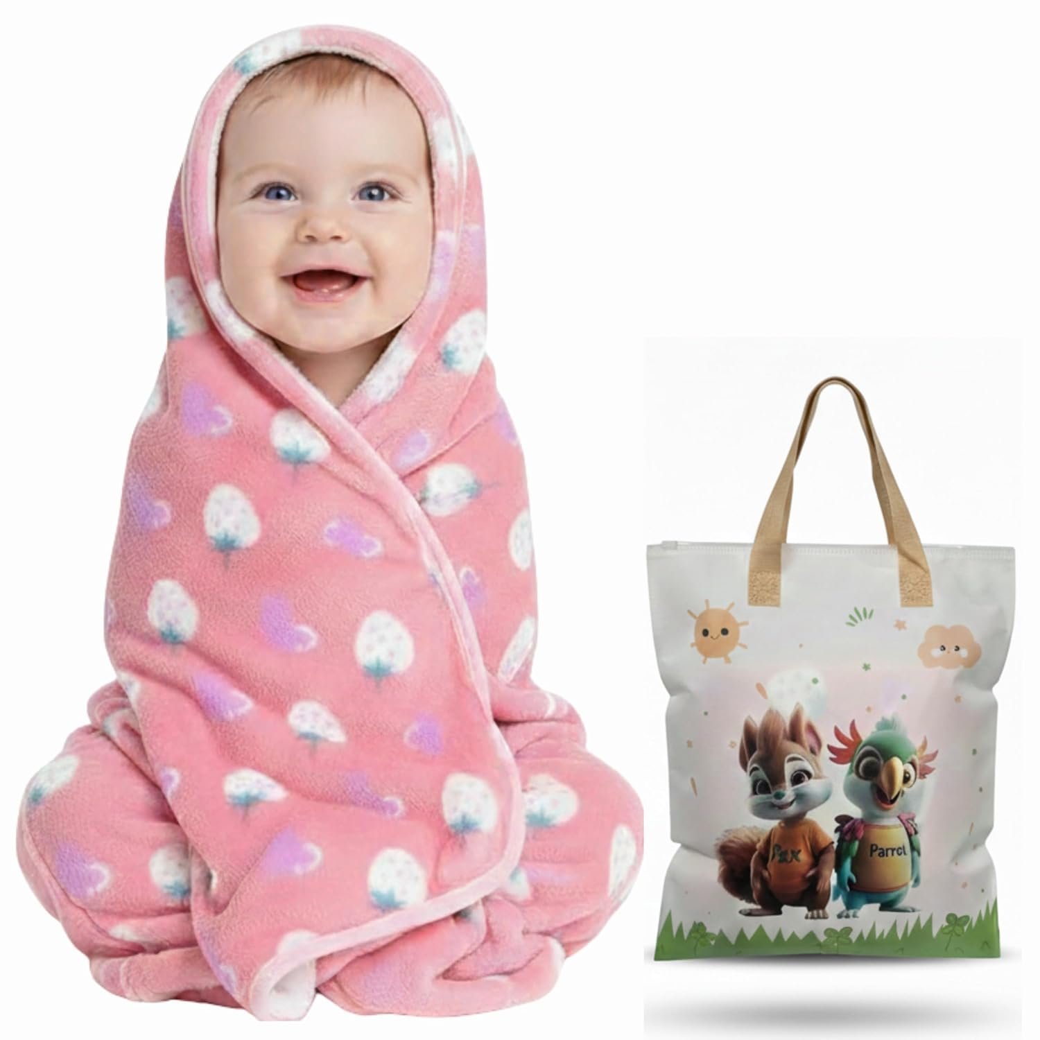 Ultra-Soft Baby Hooded Blanket | Newborn Baby Wrapping || Coral Fleece Material Hypoallergenic | Towel Cum Blanket with Teddy Design (0-3Years) (Light Pink)