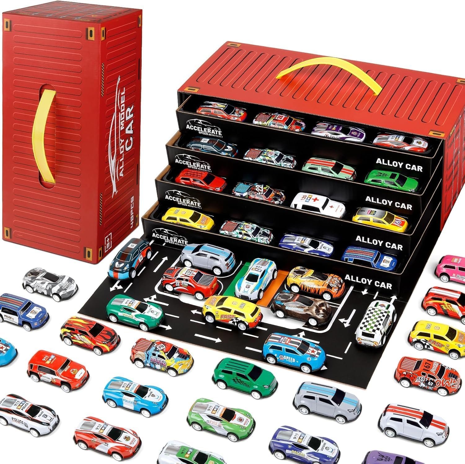 SHOPOGENIX Toy Cars for Kids, 48 Pull Back Race Cars Toys, Container Storage Box, Die Cast Metal Tay Set, Racing Pattern, Race Party, Small for Boys Girls Toddlers 3-8 Years Old (Red)