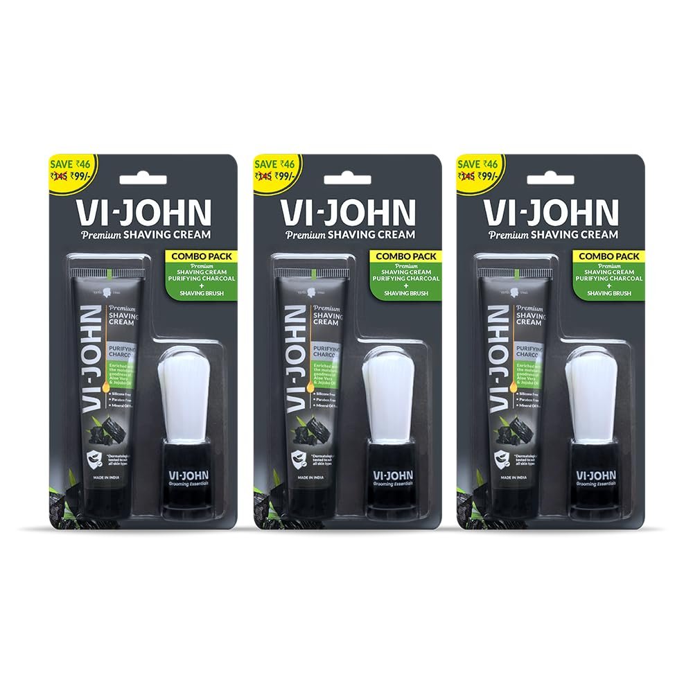 VI-JOHN Dermatologically Tested Purifying Charcoal Premium Shaving Cream With Shaving Brush Enriched With Aloevera & Jojoba Oil From Paraben-70g- Pack of 3