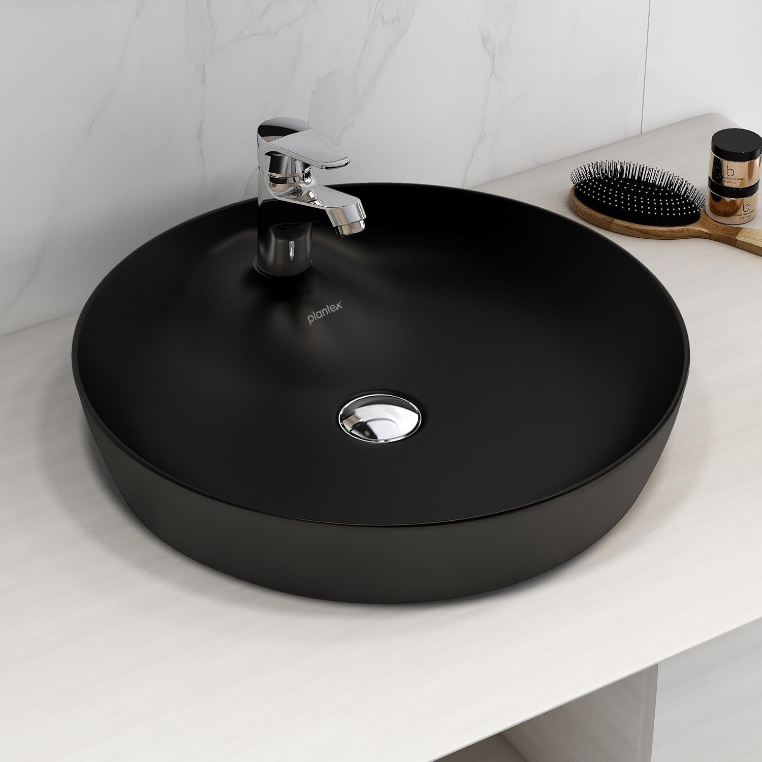 Plantex Platinum Ceramic Tabletop Round Wash Basin/Countertop Bathroom Sink/Basin for Bathroom (Black - 17 x 17 x 5 Inch)