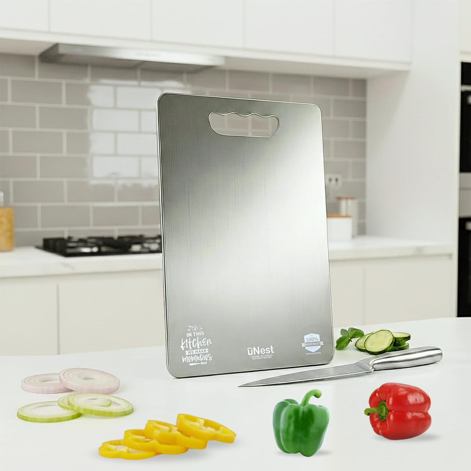 uNest Stainless Steel Chopping Board for Kitchen | 31 x 21 cm | Medium | Heavy Duty Kitchen Accessory | SS Cutting Board for Vegetables, Fruits, Meat, Fish & Dough Kneading | Built for Daily Use