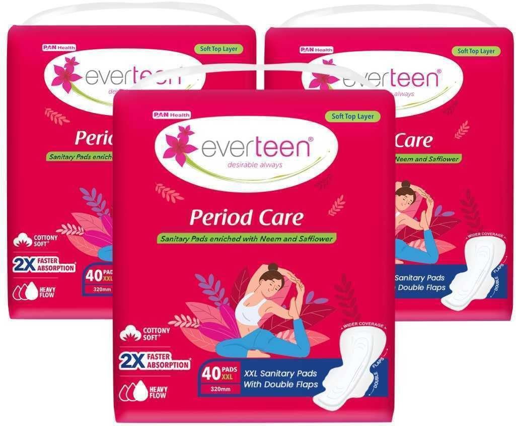 everteen XXL Soft Sanitary Pads for Women, Rash Free, Anti Tan, Skin Friendly, Double Wing Shape, Advanced Leak Protection, XX Large, 320mm - 3 Pack (40 Pads Each, 320mm)
