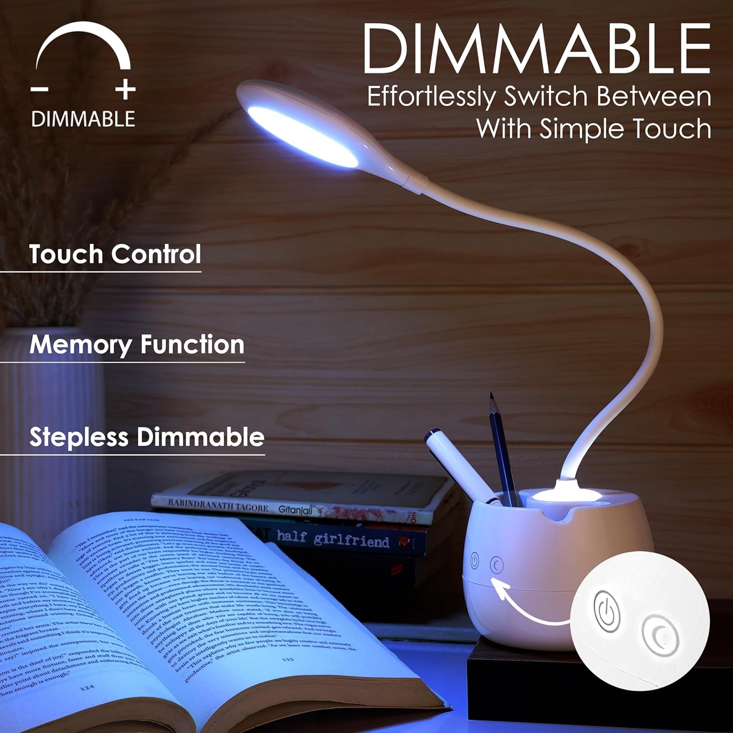 Gesto LED Study Lamp Rechargeable – Touch Control Table Lamp for Students with Flexible Neck | 3 Level Brightness USB Desk Light for Study Table,Reading,Home Office | Mobile Stand & Pen Holder