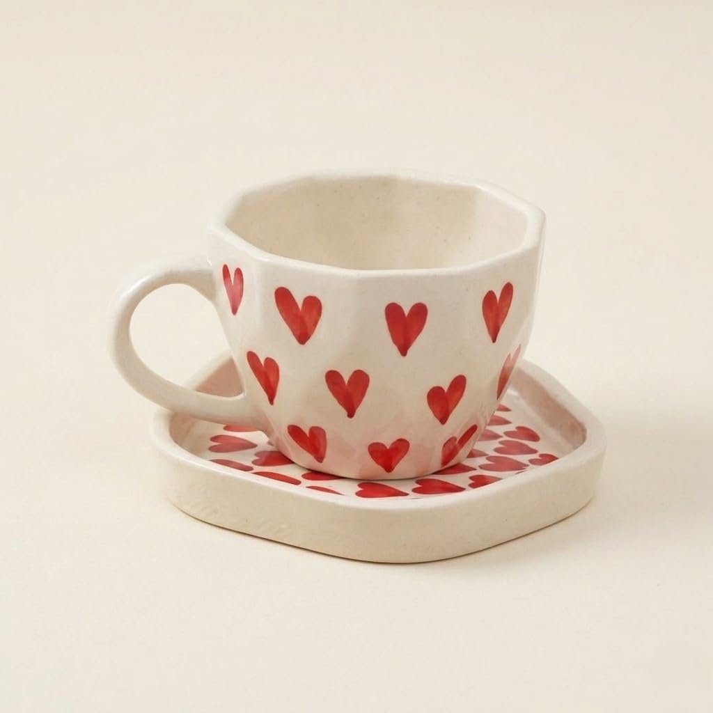 Femora Hand-Painted Ceramic Heart Print Teacup and Saucer Set, Unique Design, Red & Cream Coffee Mug | 250 Ml