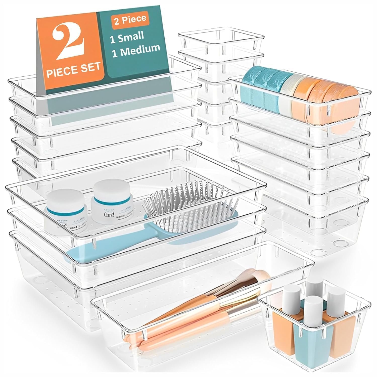 Rylan Set of 2 Drawer Organiser/Unbreakable Drawer Organizer/Dressing Table Organizer/Multi-Purpose Storage Boxes/Drawer Divider Tray for Kitchen/Bedroom/Office - (Clear Transparent)'