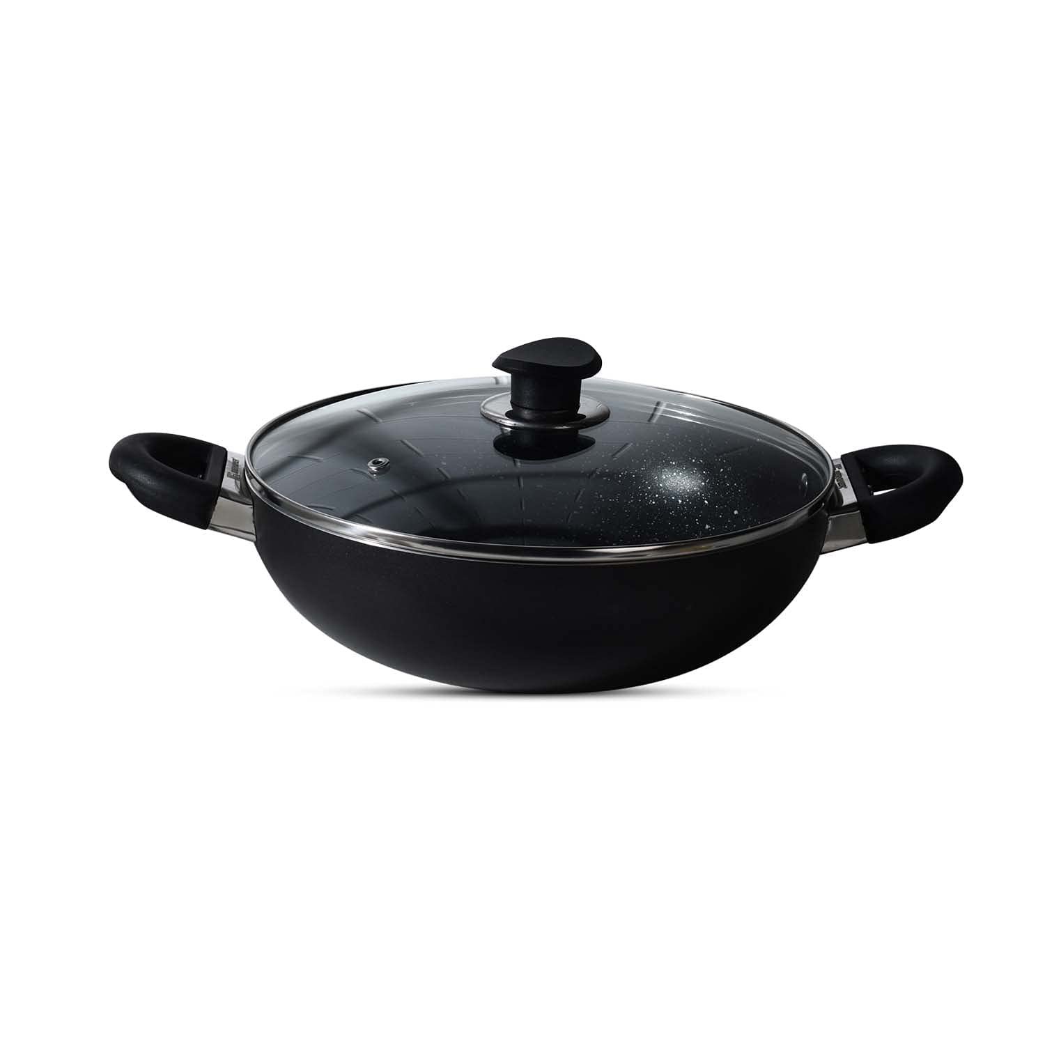 BERGNER Essential Plus 5-Layer Non-Stick 24 cm Kadai with Glass Lid, 3.6 L Kadhai, Consumes Less Oil, Bakelite Handles with Comfortable Grip, Quick Heat Distribution, Easy to Clean - Induction Bottom
