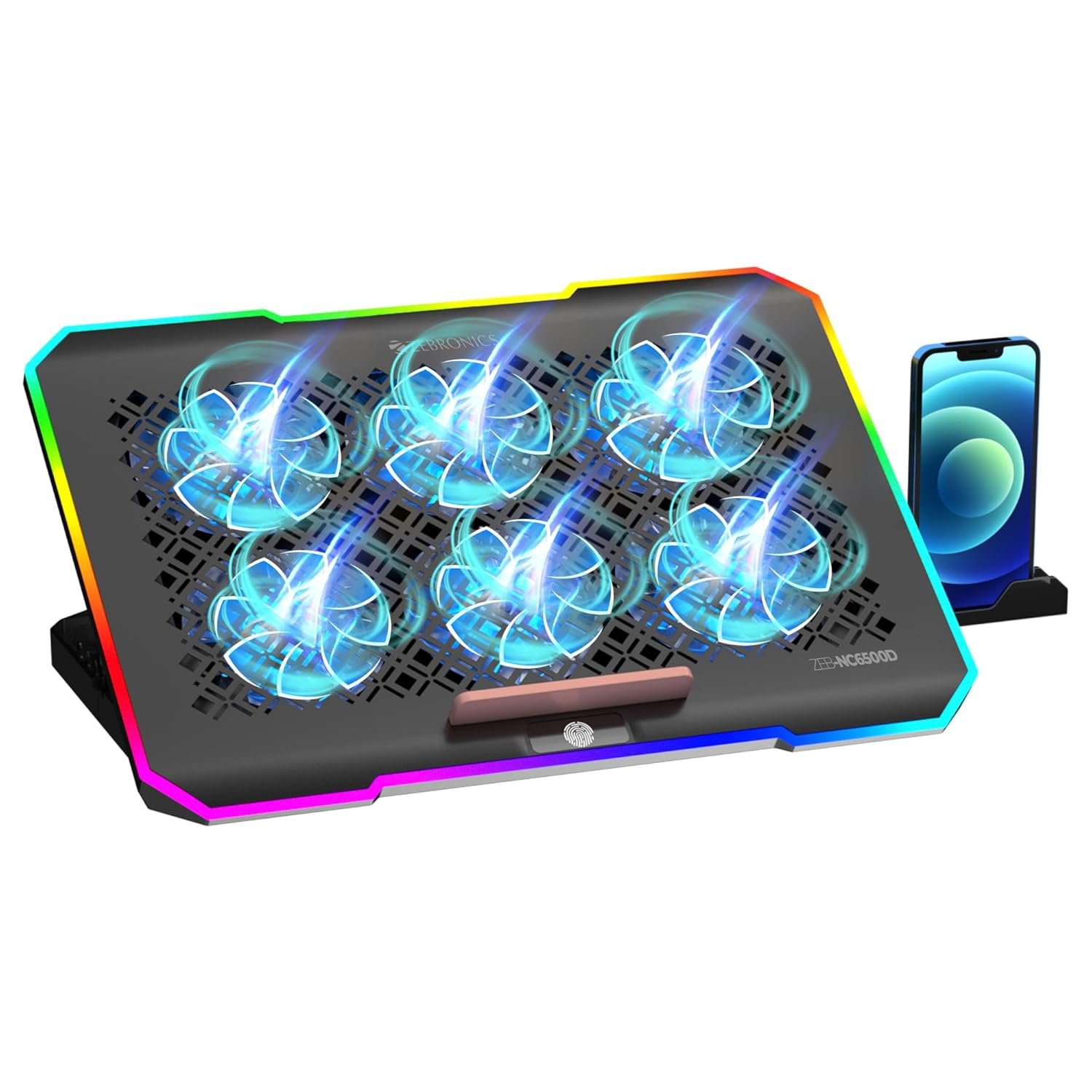 ZEBRONICS NC6500D Laptop Cooling Pad with Support up to 17 inch (43.18 cm) Laptops, Hexa Fans, Speed Control, RGB LED, Detachable Mobile Holder, 5 Step Retractable Stand, Built in USB Ports (Black)