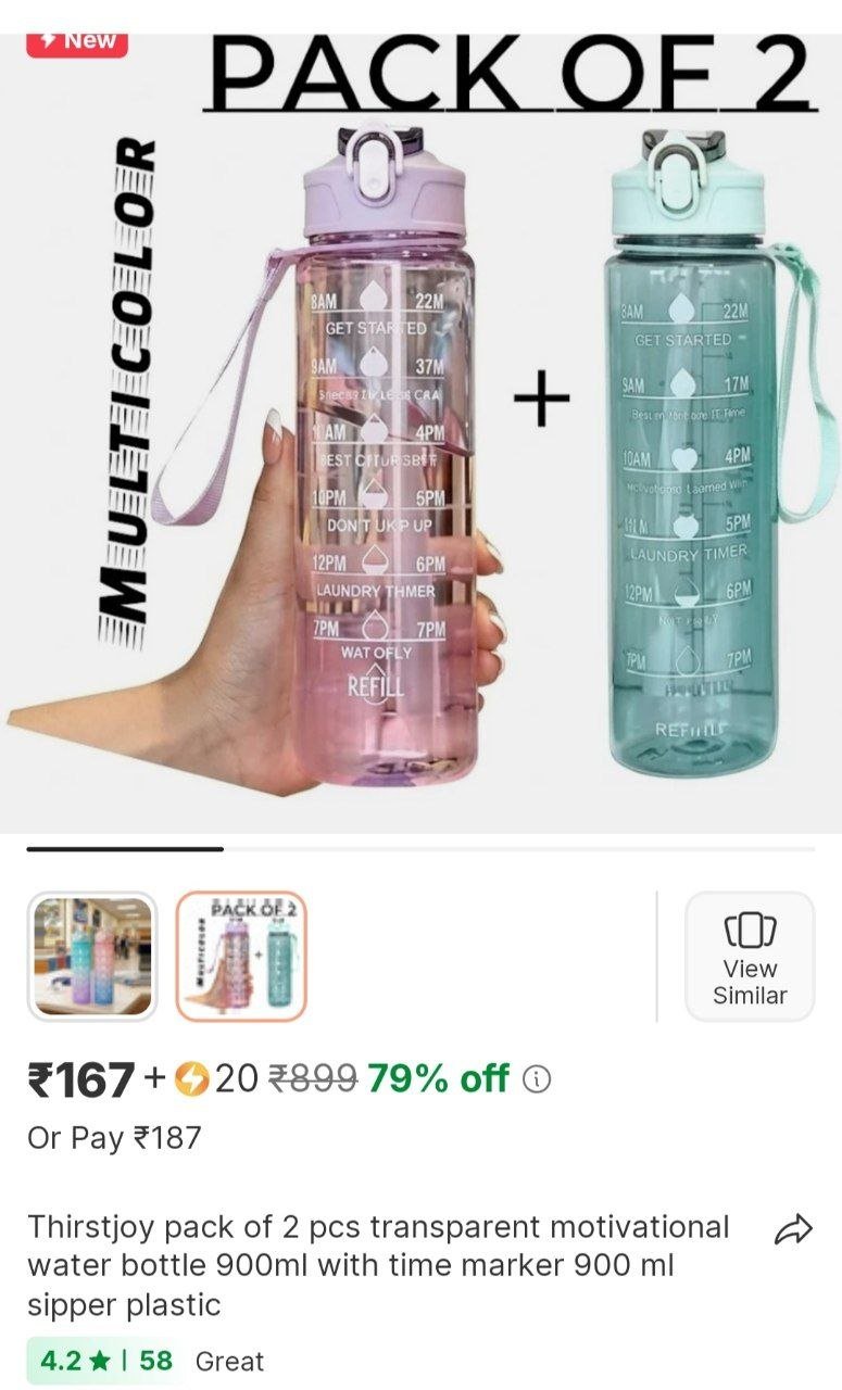 thirstjoy pack of 2 pcs transparent motivational water bottle 900ml with time marker 900 ml sipper p