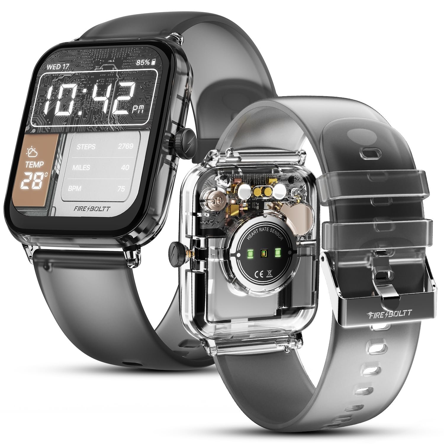 Fire-Boltt Ninja Phantom Smart Watch 1.83” Display, Transparent Clear Body Design, Bluetooth Calling, 120+ Sports Modes, Voice Assistant, AI Outfit Watch Face Smartwatch for Men & Women Black Smok