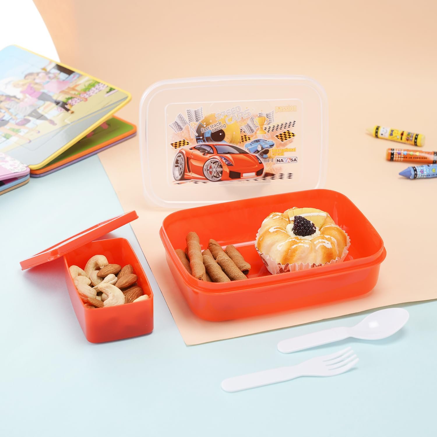 Nayasa Ninja 2 Compartment BPA-Free Plastic Lunch Box for Kids Boys | Cars Print | Leak Proof Push Lock | Red