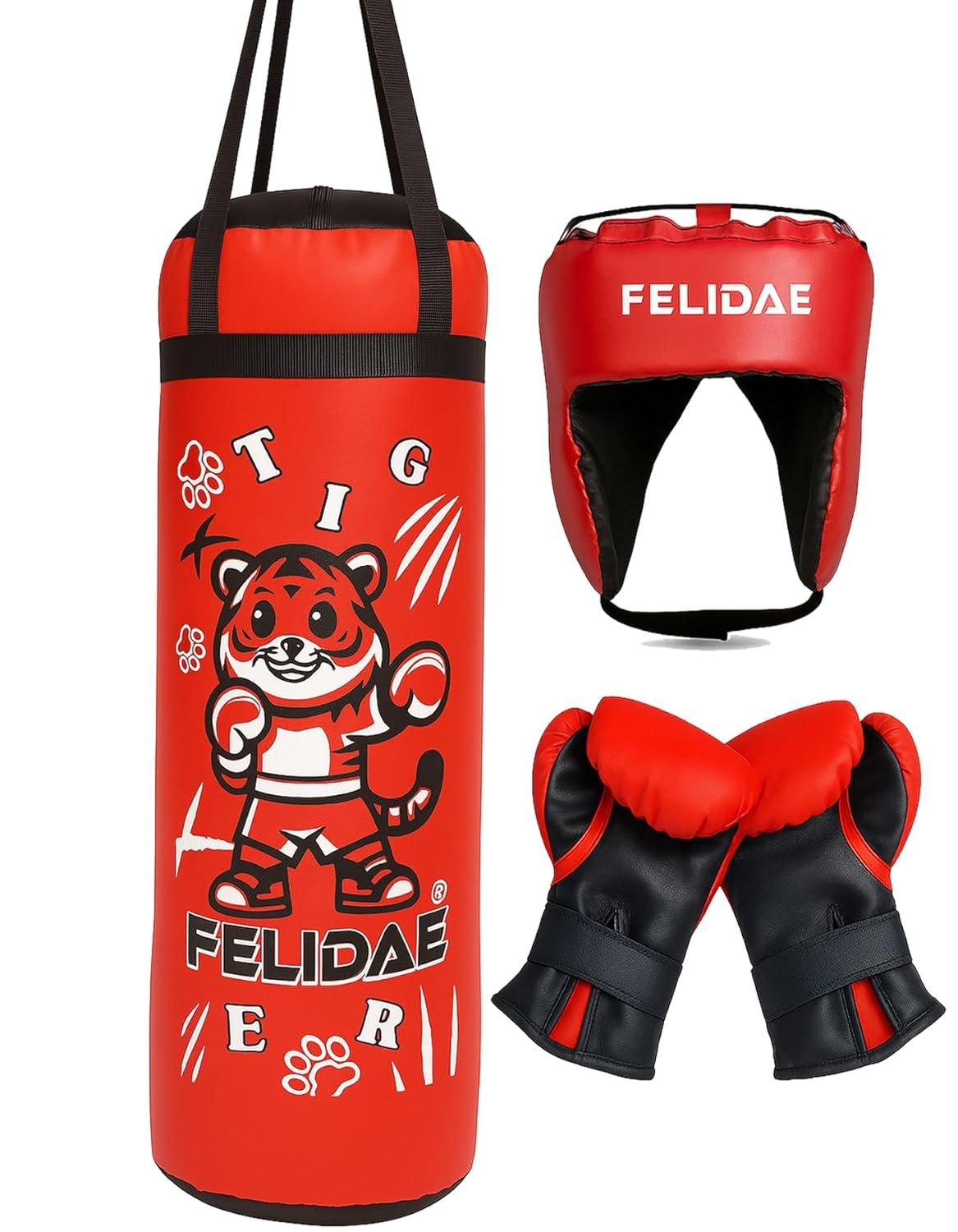 FELIDAE Boxing Kids for Age (5-13 Years) of 4 Boxing Kit Set | Punching Bag for Karate | Bounce-Back Martial Arts Bag for Boys & Girls to Relieve Energy and Build Skills (Red Black)