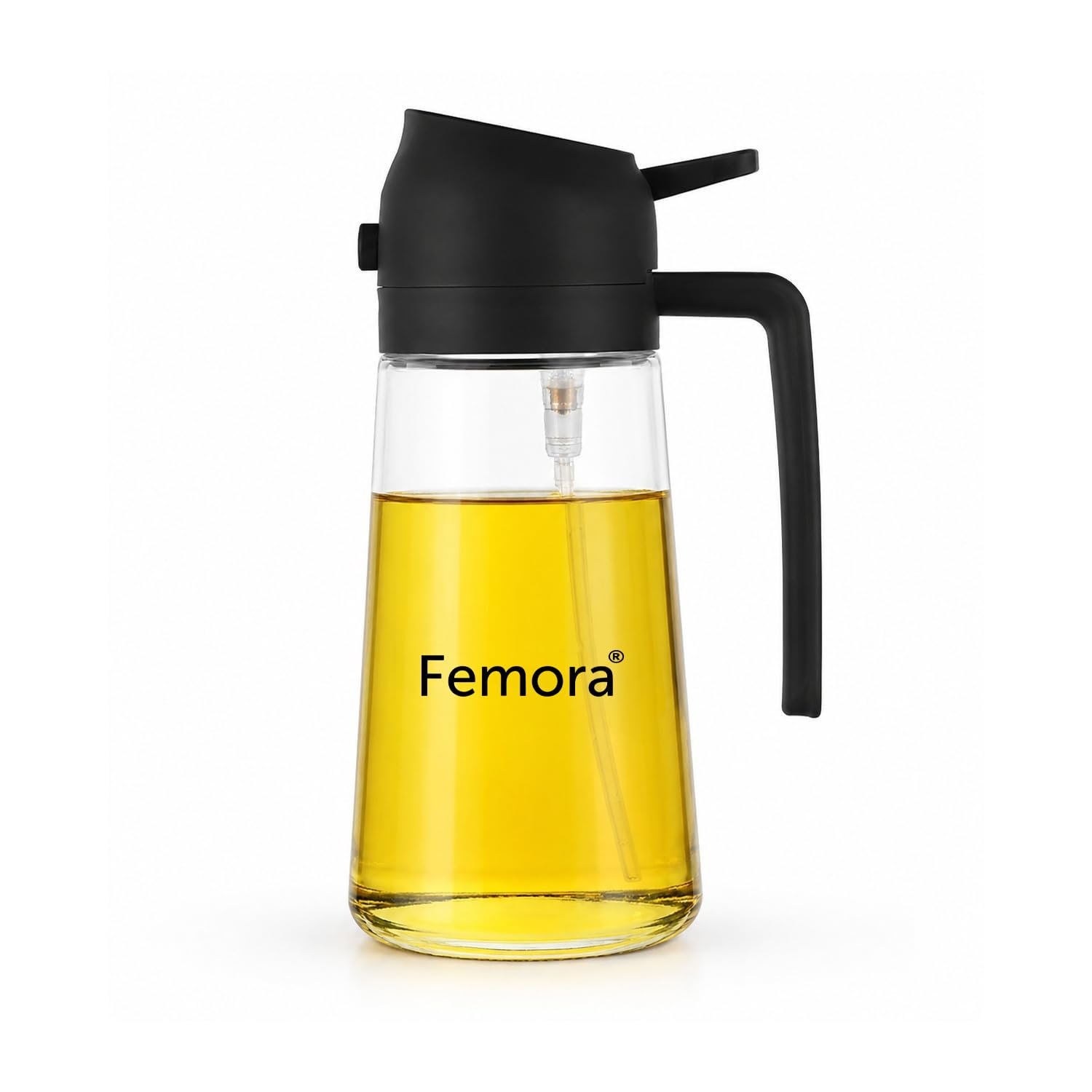 Femora Glass Oil Sprayer and Dispenser Bottle, 500ml Capacity, 2-in-1 Design, Black Spray Bottle for Air Fryer, BBQ & Salad | Leak Proof Glass Bottle