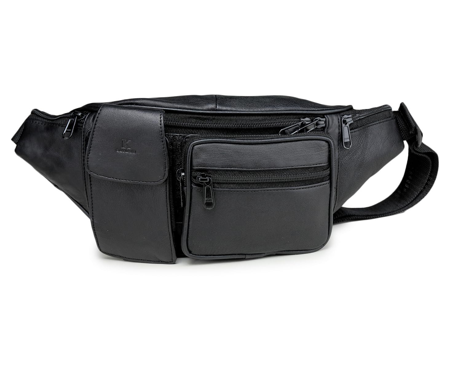 K London Stylish Real Leather Black Waist Bag Elegant Style Travel Pouch Passport Holder with Adjustable Strap(1276_blk)