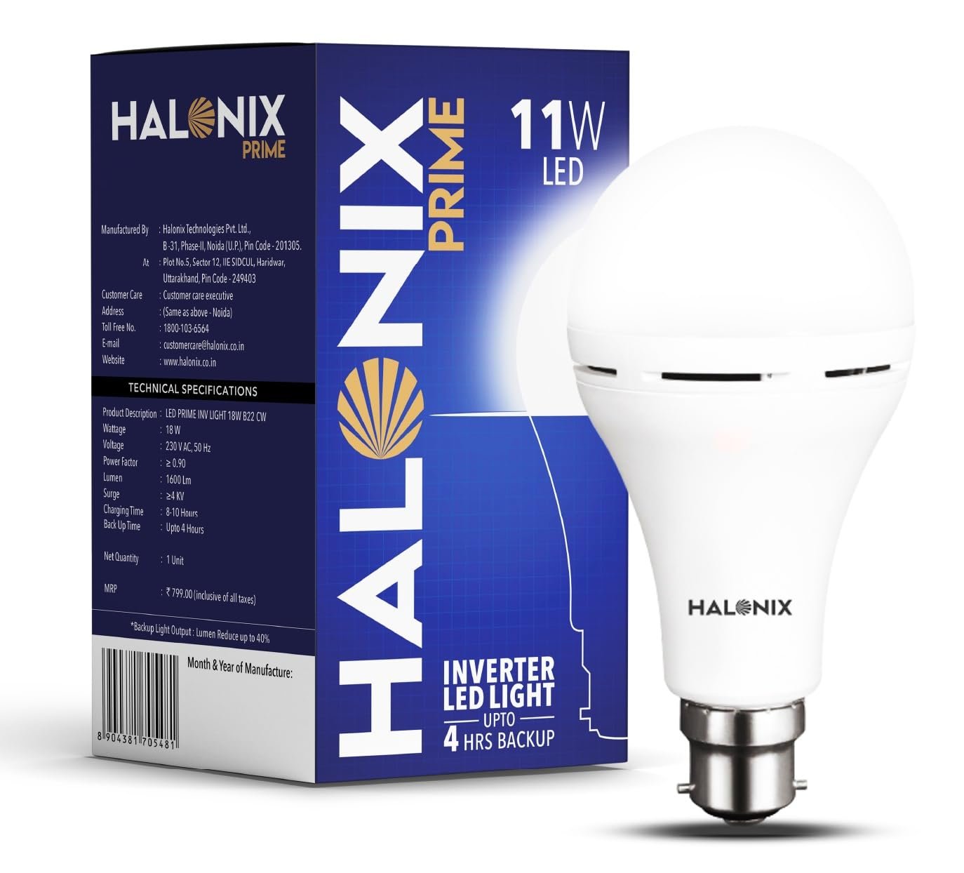 Halonix 11W Rechargeable Emergency Light B22D Inverter LED Bulb for Power Cuts, Backup Upto 4Hrs, Cool Day Light, Pack Of 1