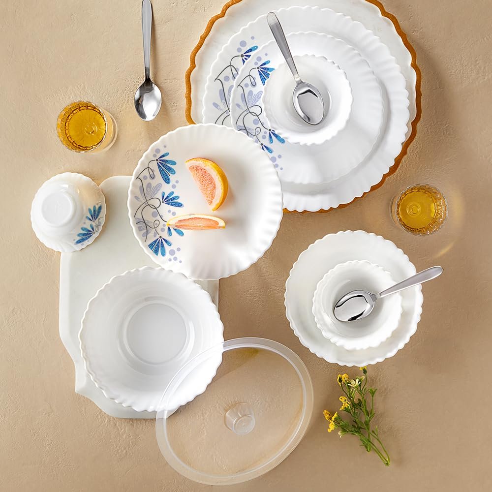 Larah by Borosil Silk Series Twilight Opalware Dinner Set with Steel Spoon | 41 Pcs for Family of 6 | Microwave & Dishwasher Safe | Bone-Ash Free | Crockery Set for Dining & Gifting | Plates &