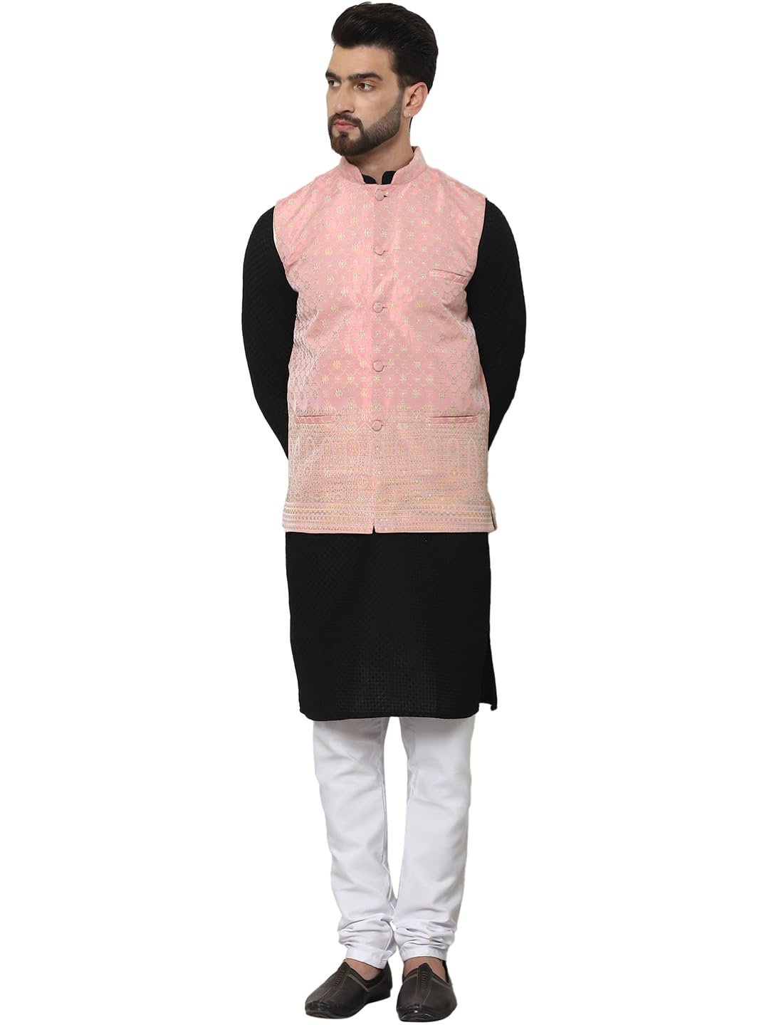 SOJANYA (Since 1958 Men's Cotton Linen Maroon Kurta and White Pyjama with Mustard Cotton Nehru Jacket