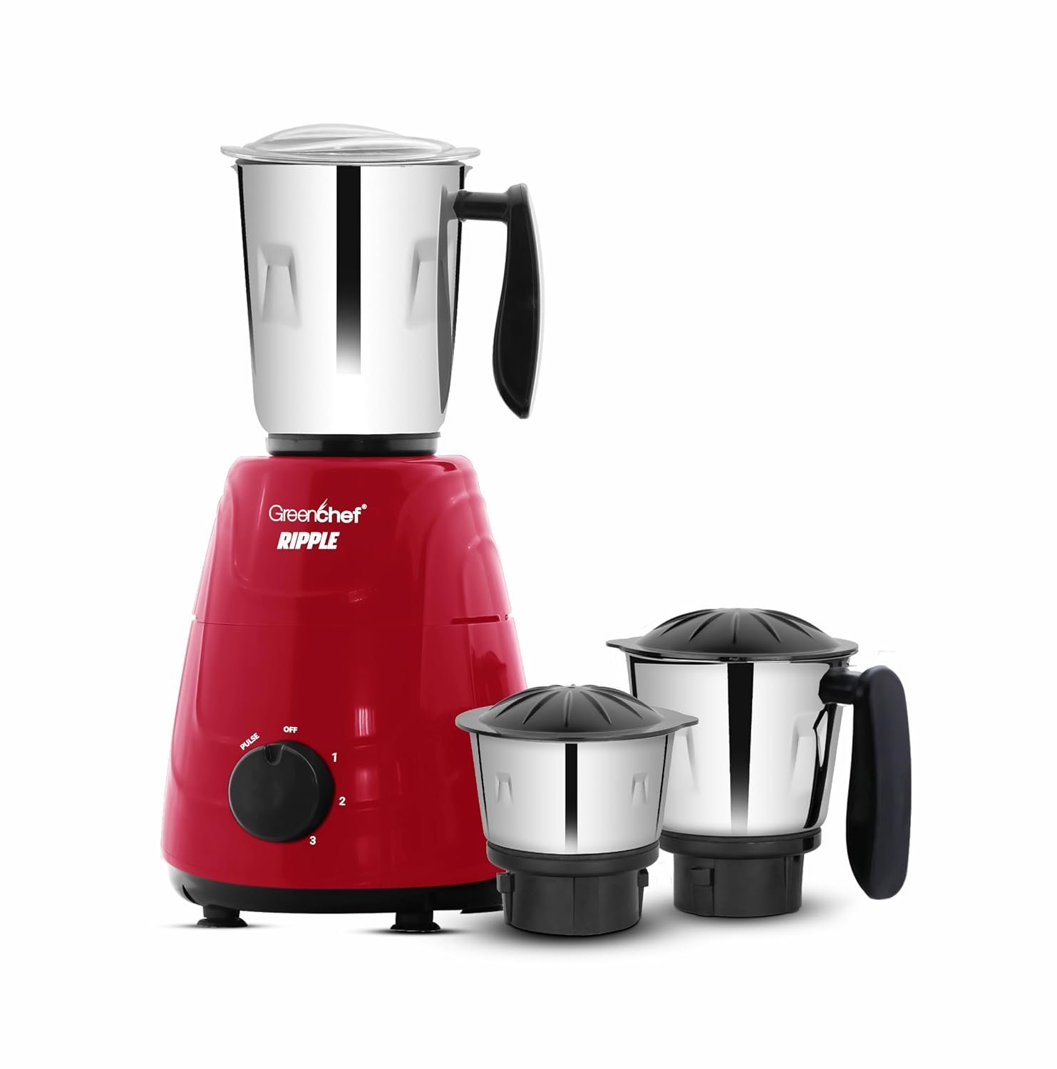 Greenchef Ripple Mixer Grinder - 3 Stainless Steel Jars with Stainless Steel Blades, 750 Watts, 230-240v, 18000 RPM, Red Color, ABS Body, ISI Certified, Heavy Duty Motor, 5 Year Warranty on Motor