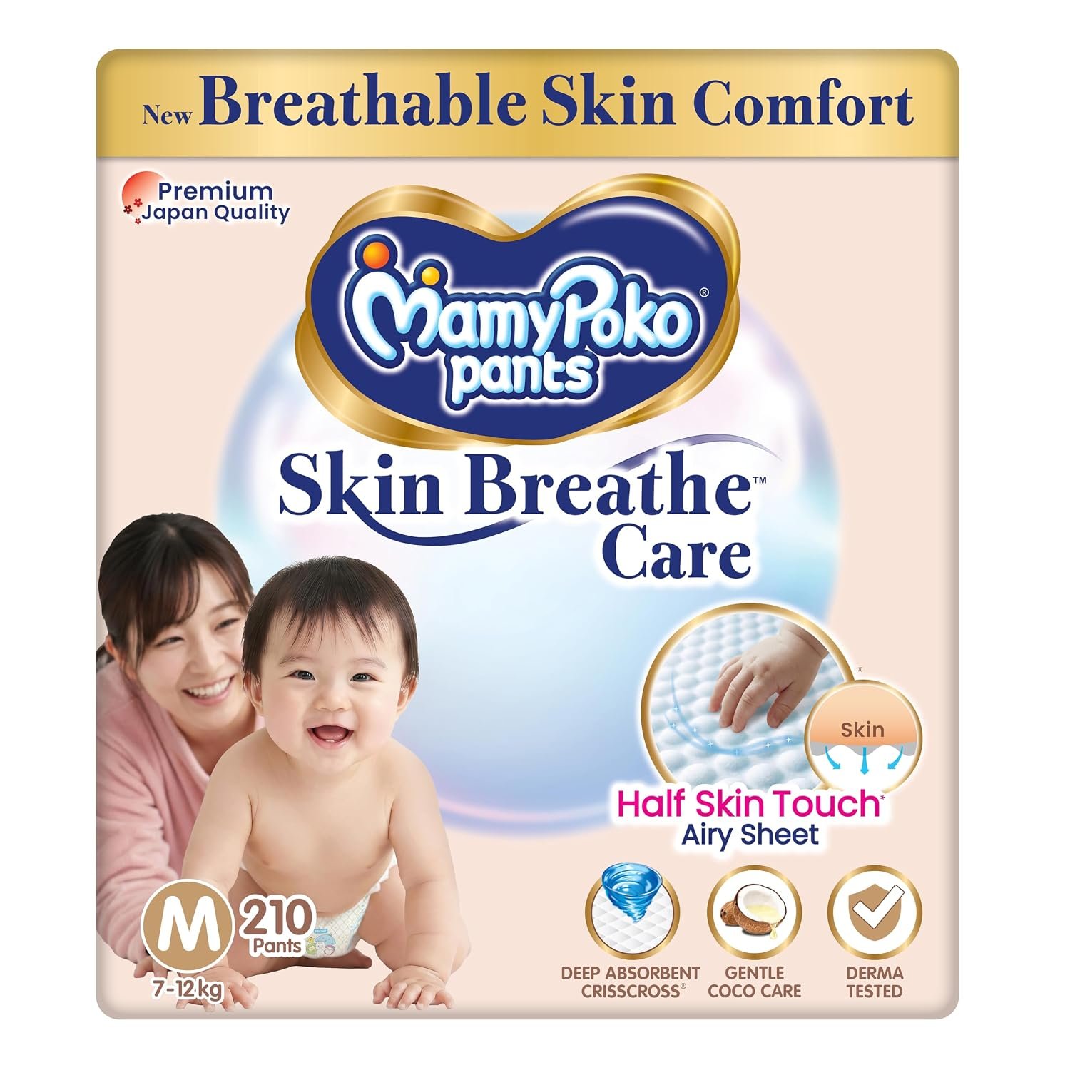 MamyPoko Pants Skin Breathe Care | Baby Diapers Medium Size (M) | 210 Count | 7-12Kgs | Half Skin Touch Airy Sheet | 3X Breathable | Derma Tested