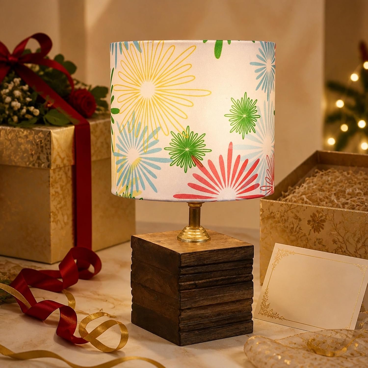 tu casa Bedside Table Lamp Wooden Base Floral Shade Warm Light 12"