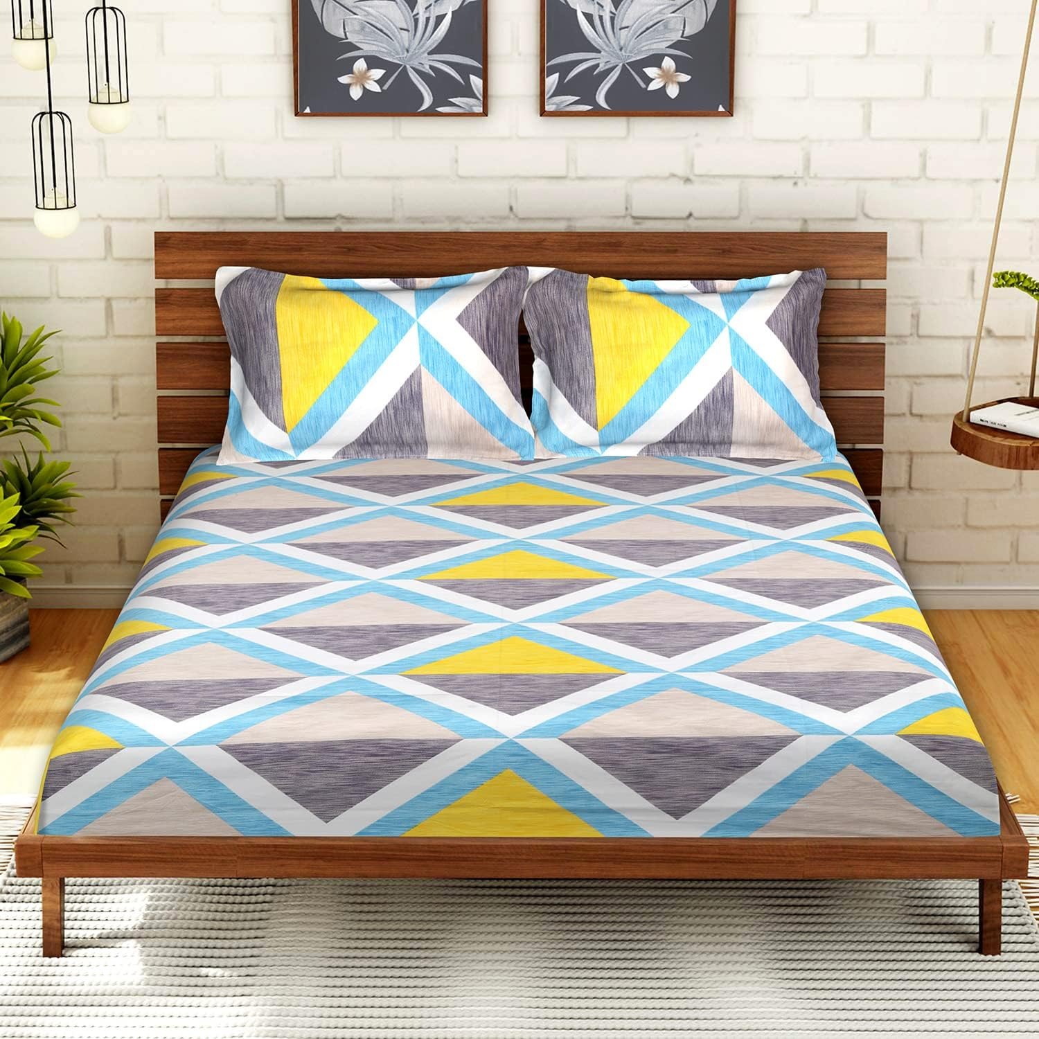 Heart Home Check Printed Cotton Double Bedsheet with 2 Pillow Covers (Yellow & White)-HS43HEARTH26822