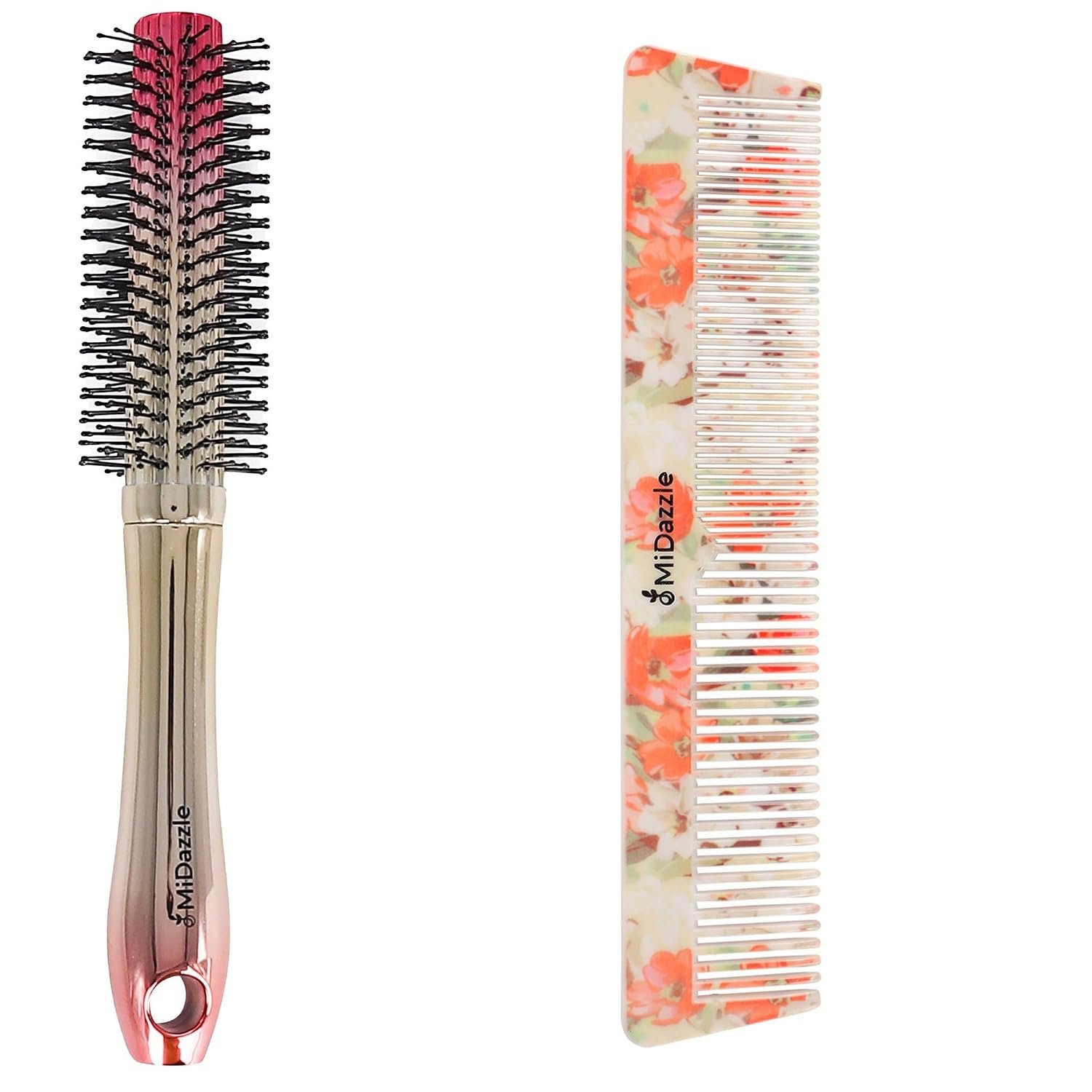 Midazzle Premium Round Hair Brush and Floral Comb Set, Golden, 2 Pieces (MIHB0023+MIFC2304)