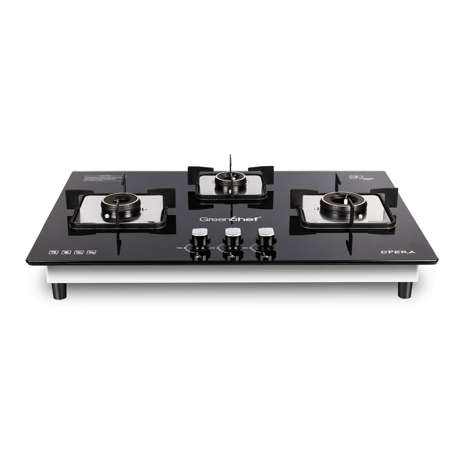 Greenchef Opera Hob top Three burner gas stove – Auto Ignition, Toughened Glass, LPG Compatible, Sleek and compact design, High Thermal Efficiency Brass Ring Burners