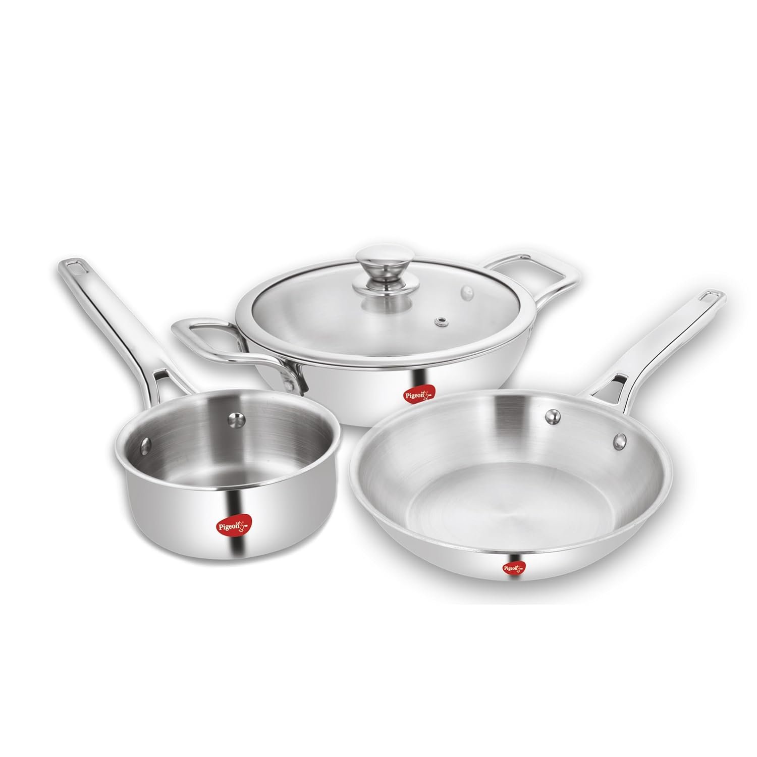 Pigeon Elite Stainless Steel Triply 4 Pcs Gift Set - 22cm (2L) Kadai, 22cm (1L) Frypan and 14cm (1.1L) Saucepan, Less Oil Use, Easy to Clean - Induction and Gas Stove Compatible - Silver