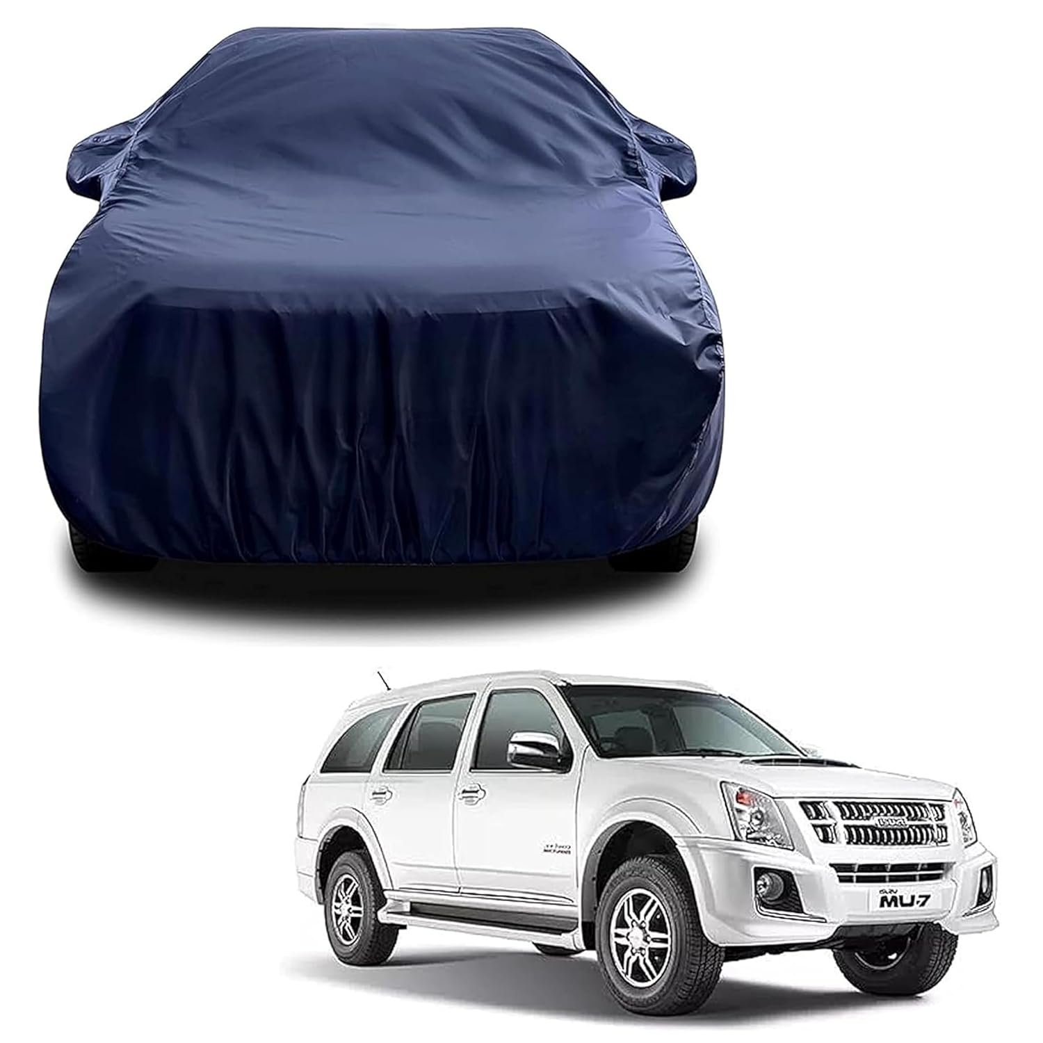Sulfar 100% Water Resistant Car Body Cover Compatible with Mirror for Isuzu MU7 (Triple Stitched, Full Bottom Elastic, Navy Blue)