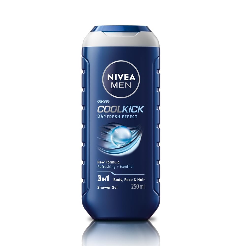 NIVEA MEN Cool Kick 250ml Body Wash| Shower Gel for Face, Body & Hair| Refreshing Icy MENthol|24 H Freshness |For All Skin & Hair Types